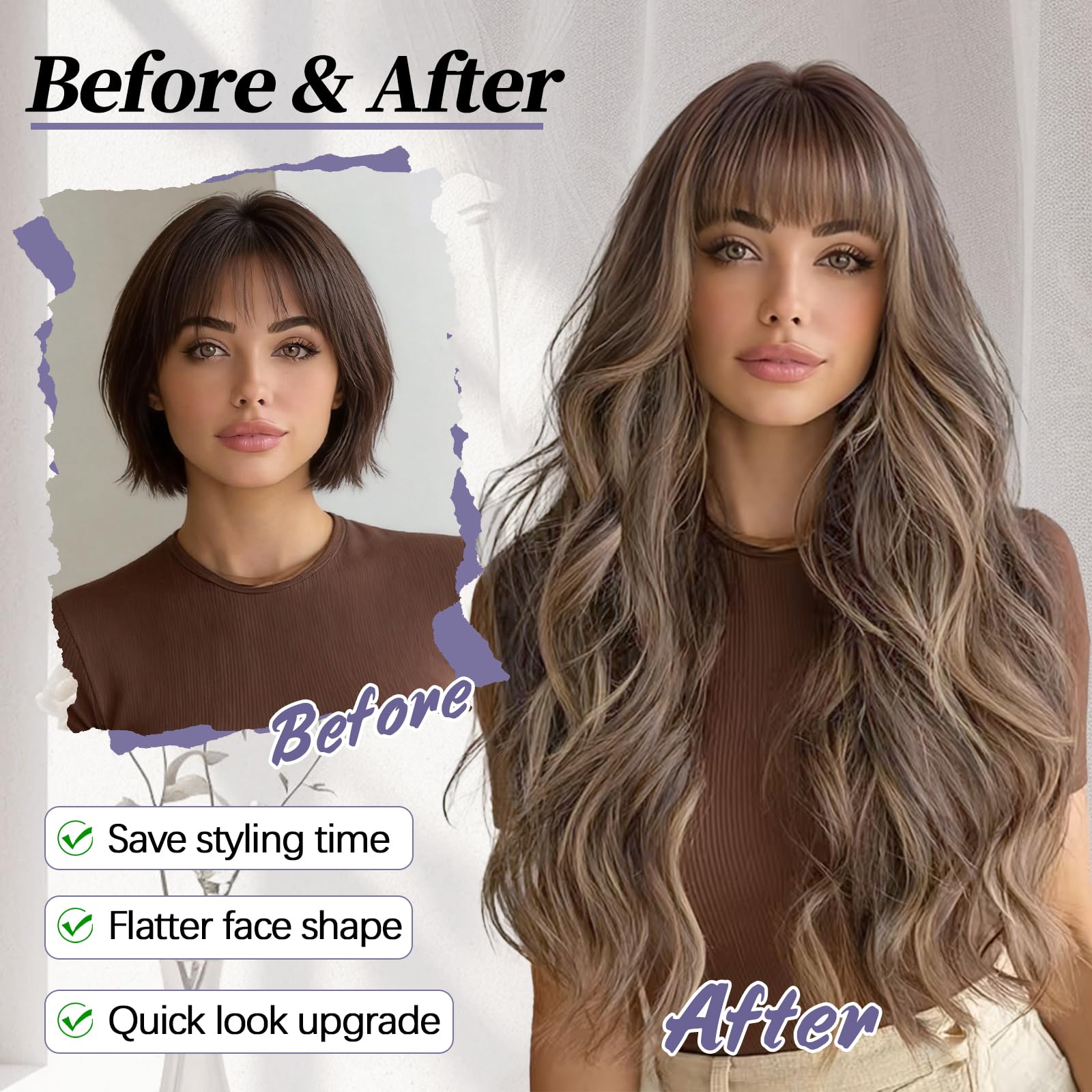 Lativ Ombre Blonde Brown Wig with Bangs Long Wavy Curly Wig with Brown End