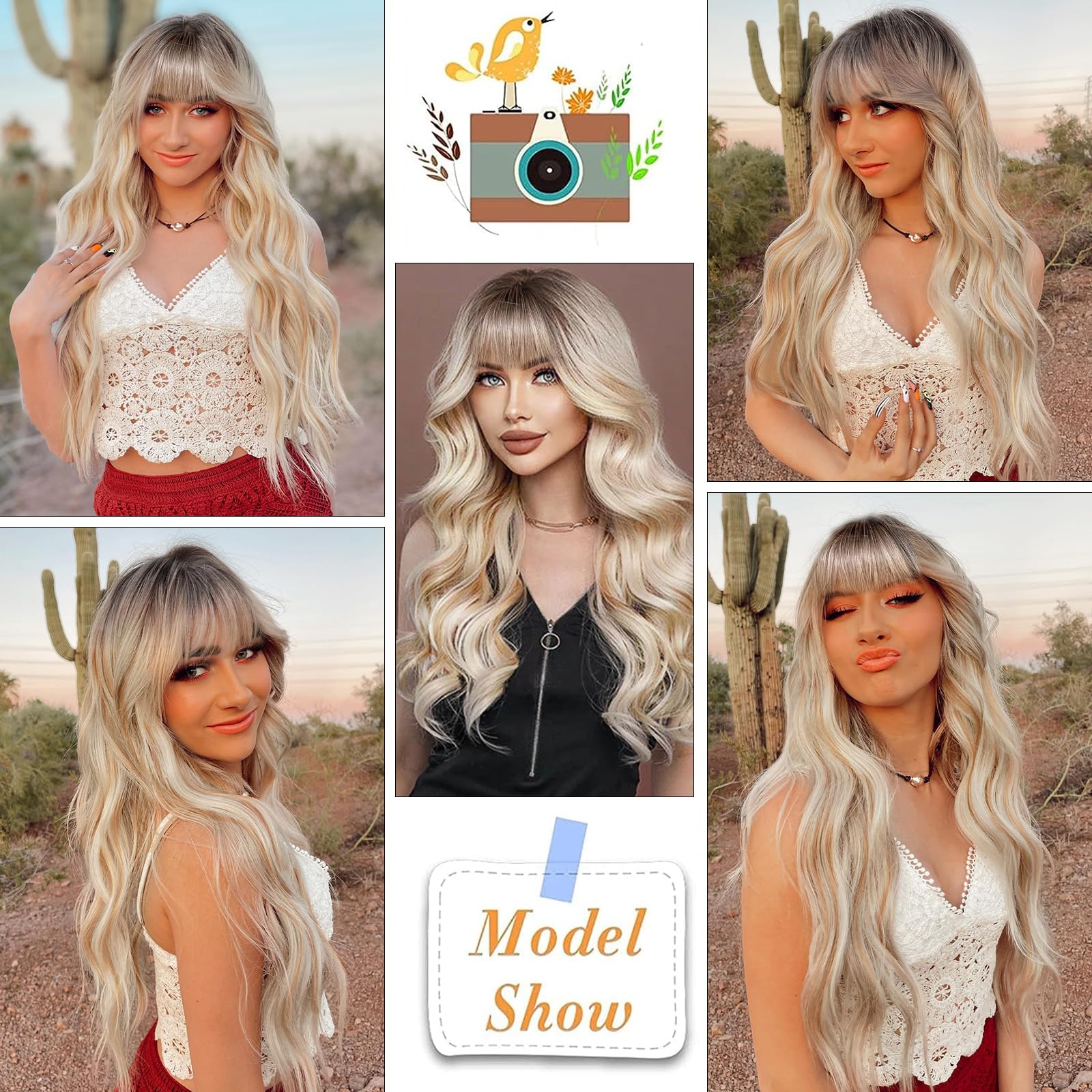 Lativ Ombre Blonde Brown Wig with Bangs Long Wavy Curly Wig with Brown End
