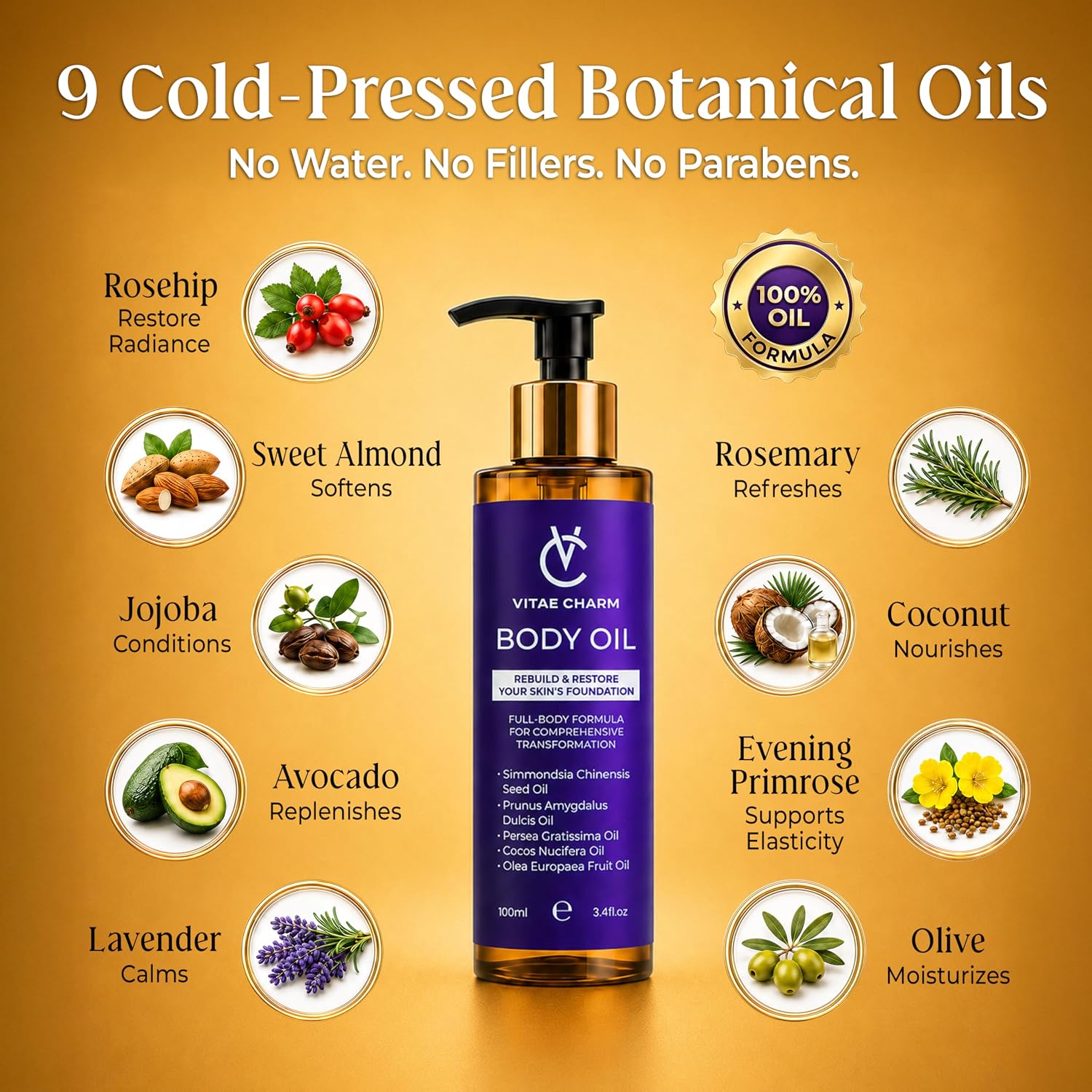 Body Oil for Crepey, Dry & Mature Skin | 3.4 fl oz | 9 Oils Mix