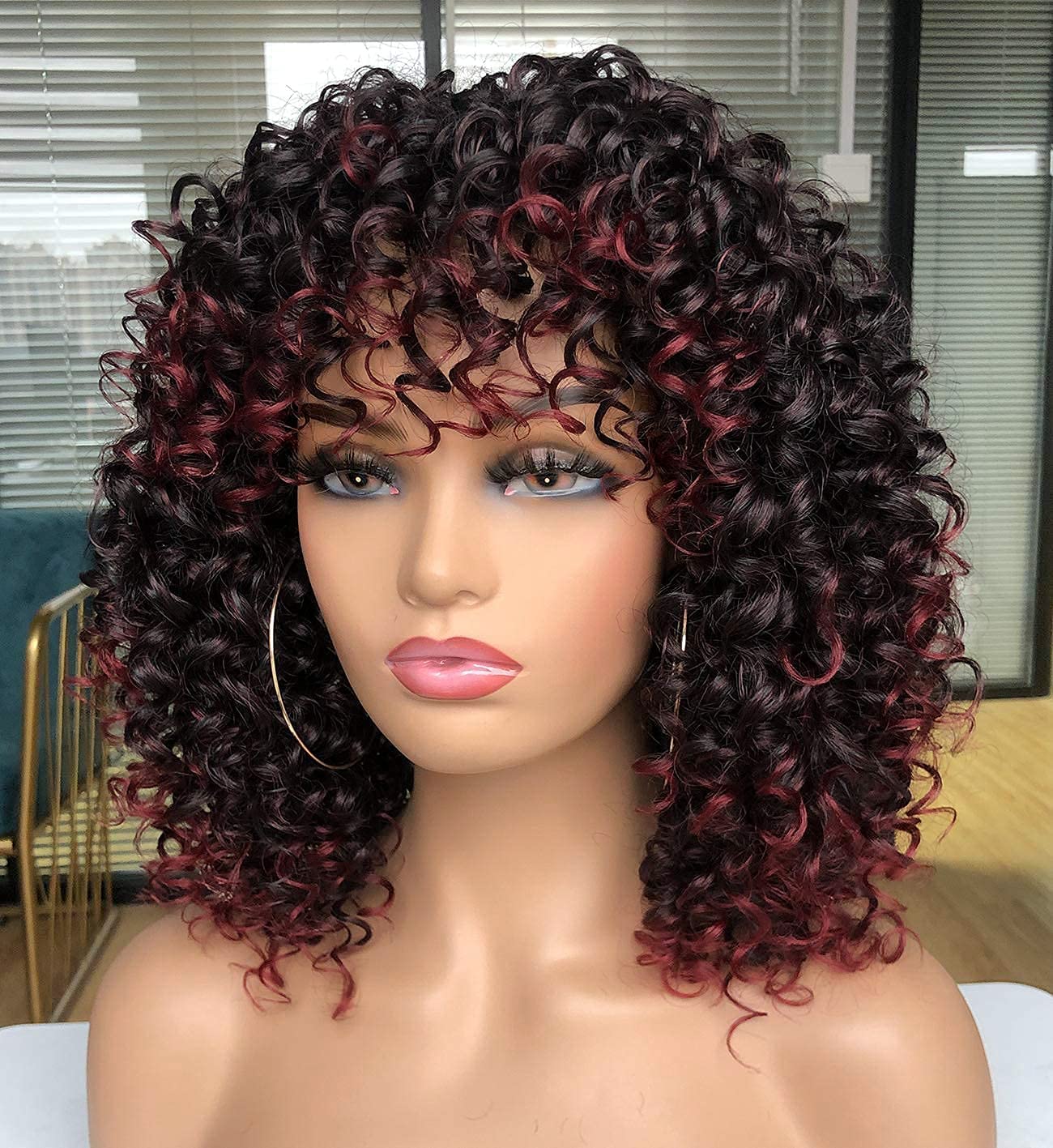 Curly Afro Wigs for Black Women Kinky Curly Wig with Bangs Synthetic Fiber Natural Looking Glueless Hair for Daily Wear