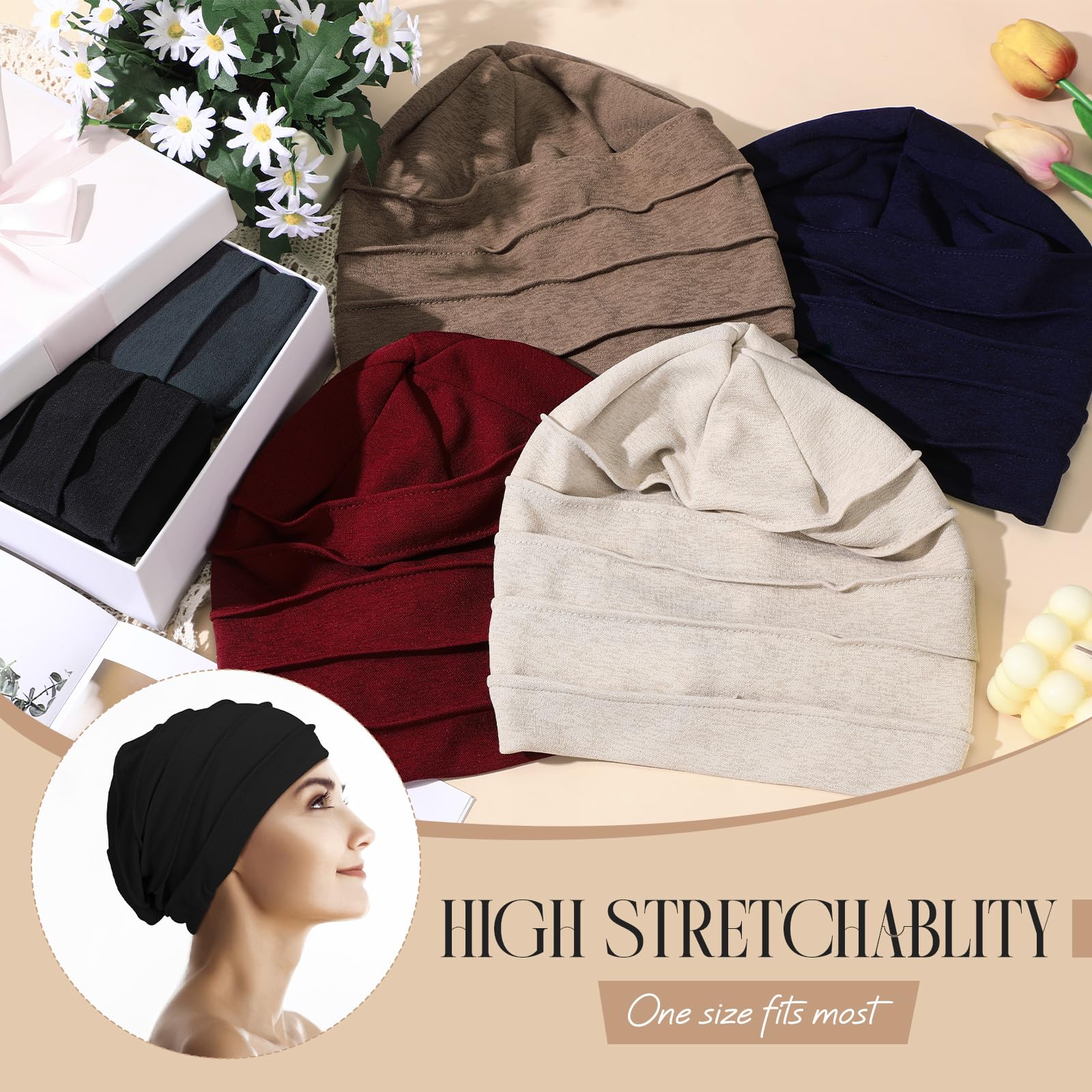 Geyoga 6 Pieces Chemo Headwear Caps for Women Cancer Slouchy Beanies Hats Warm Polyester Turban Hats Stretchy Sleeping