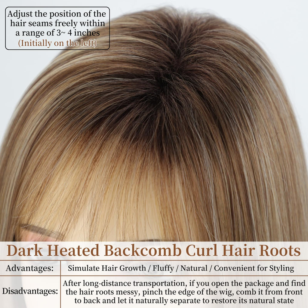 RENERSHOW Ombre Blonde Highlight Layered Bob Wig with Bangs for White Women