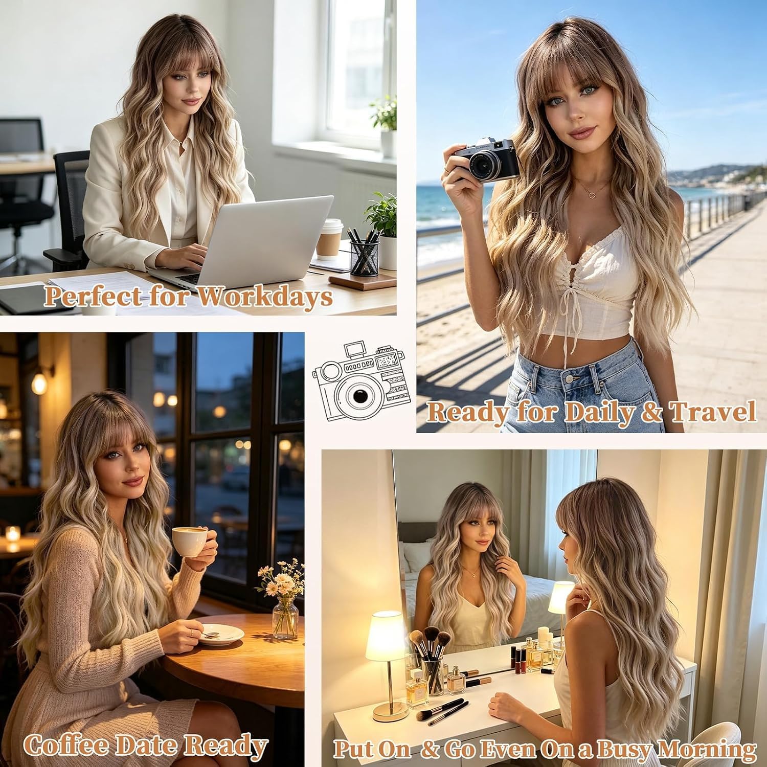 Lativ Ombre Blonde Brown Wig with Bangs Long Wavy Curly Wig with Brown End