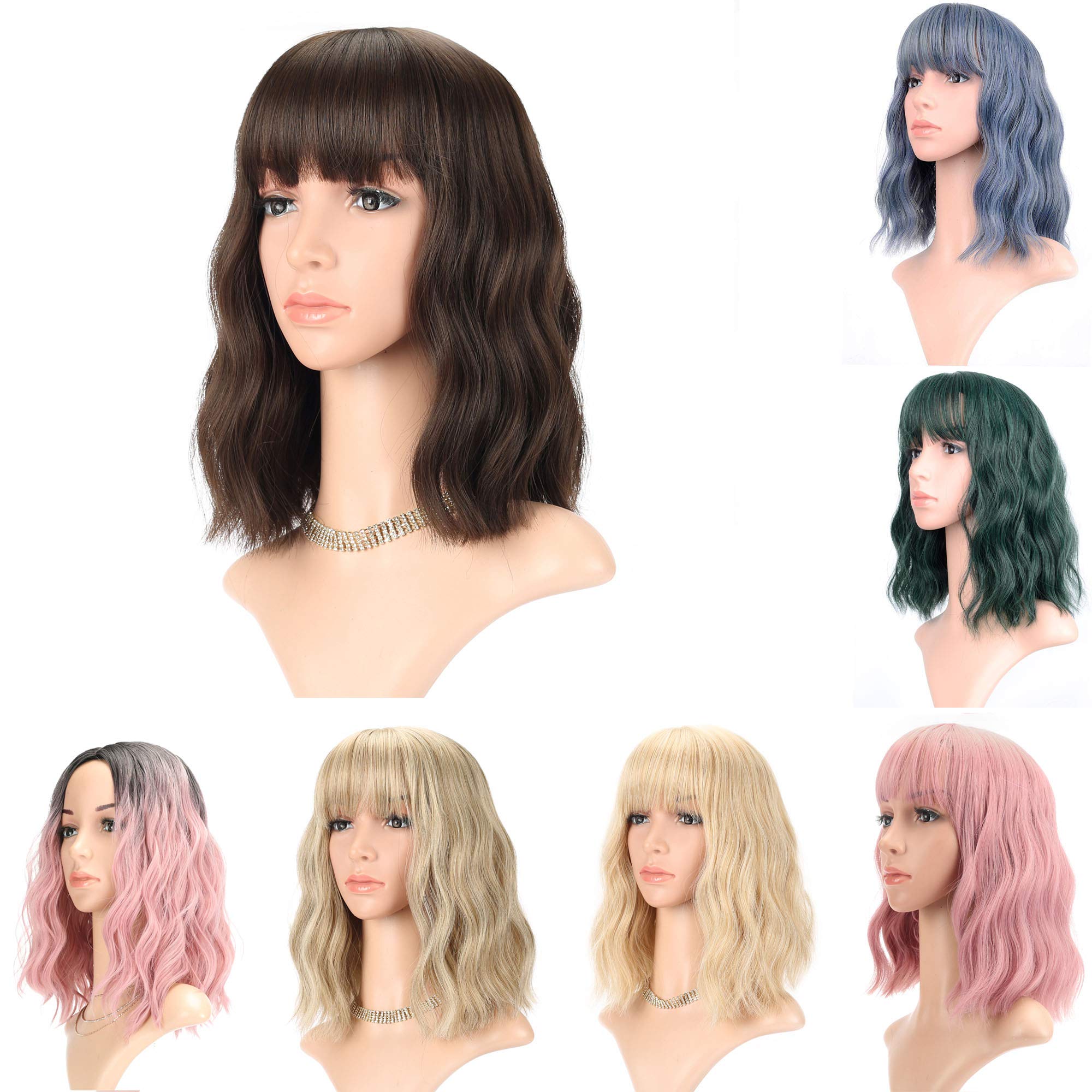 FAELBATY Blonde Wave Short Bob Wigs With Air Bangs Shoulder Length Wig For Women and Girls Curly Wavy Synthetic Cosplay Costume Wig (12" Mix blonde and gold)