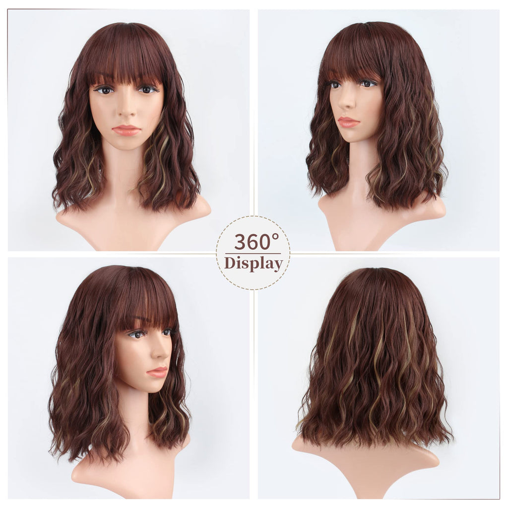 FAELBATY Blonde Wave Short Bob Wigs With Air Bangs Shoulder Length Wig For Women and Girls Curly Wavy Synthetic Cosplay Costume Wig (12" Mix blonde and gold)