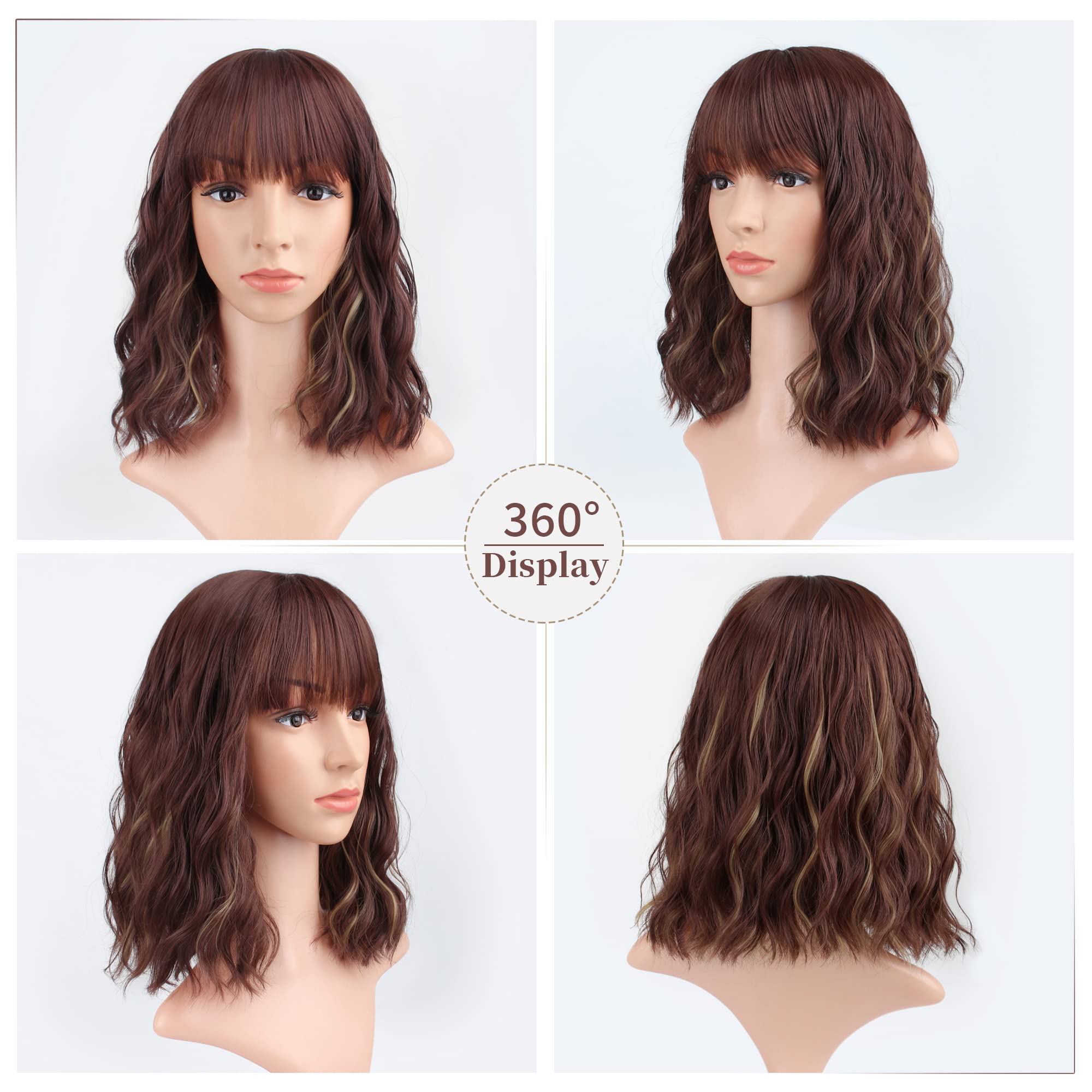 FAELBATY Blonde Wave Short Bob Wigs With Air Bangs Shoulder Length Wig For Women and Girls Curly Wavy Synthetic Cosplay Costume Wig (12" Mix blonde and gold)
