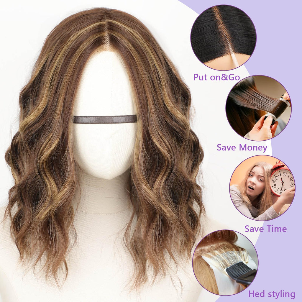 AISI HAIR 14Inch Dark to Light Blonde Wig for Women,Wave Synthetic Lace Wig