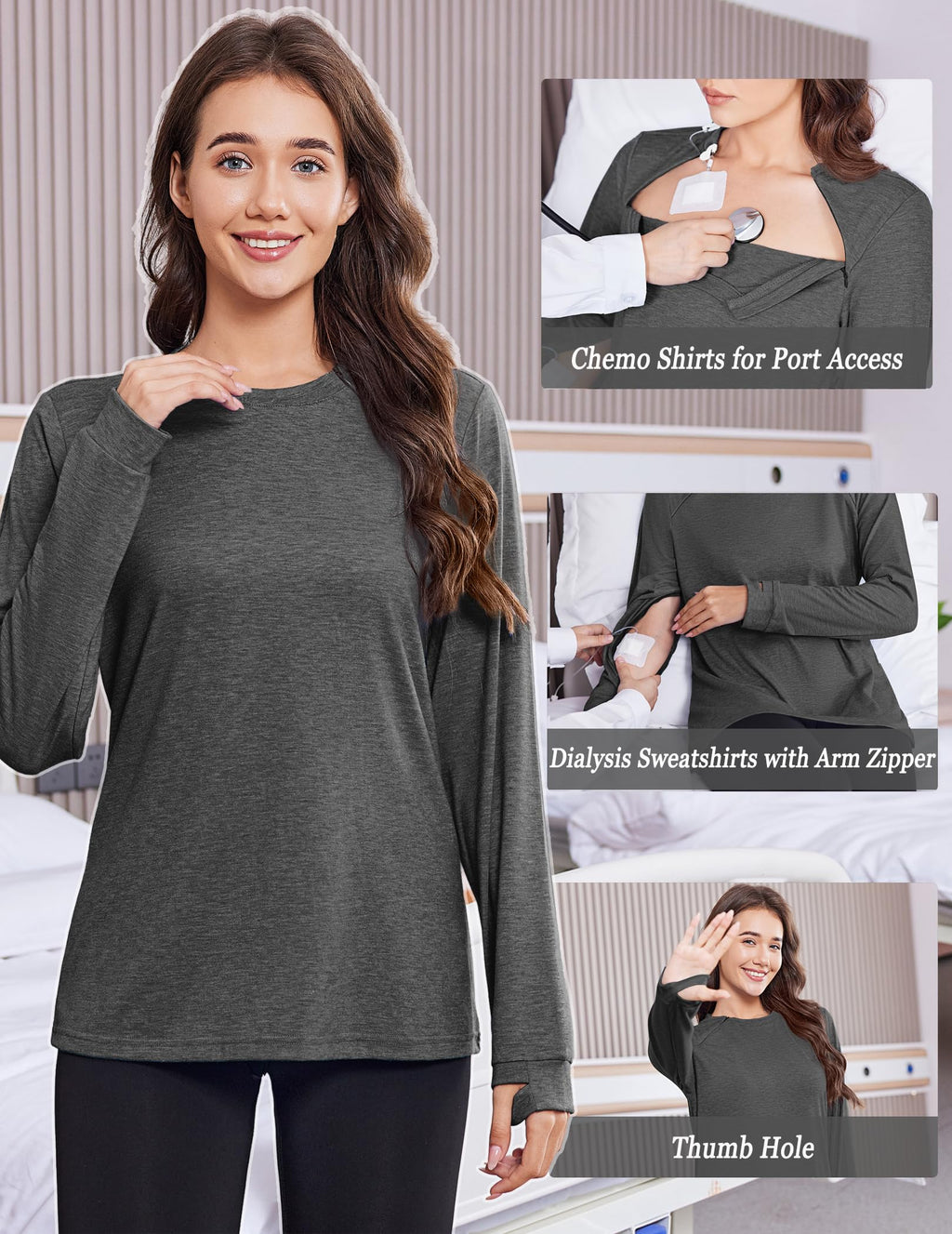 Deyeek Chemo Shirts for Port Access Women Long Sleeve Shoulder Post Surgery Shirt Dialysis Sweatshirts with Arm Zipper