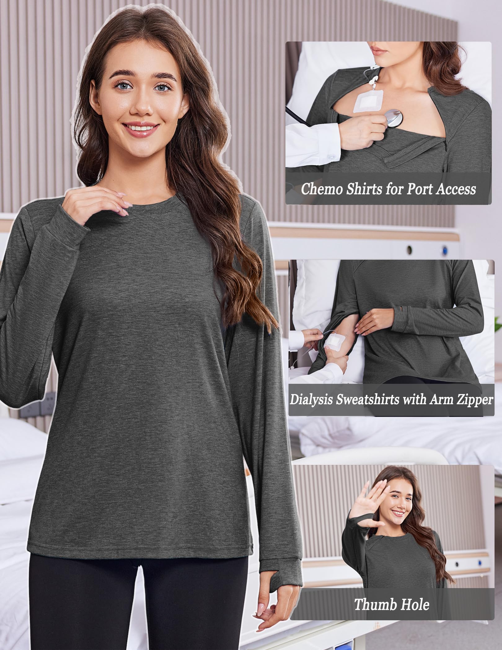 Deyeek Chemo Shirts for Port Access Women Long Sleeve Shoulder Post Surgery Shirt Dialysis Sweatshirts with Arm Zipper