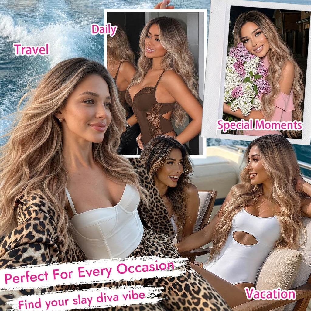 Nnzes Long Brown Mixed Blonde Wavy Wig 4x1 Lace Natural Hairline Middle Part Curly Heat-Resistant Synthetic Fiber for Women & Beginners Daily Party Use 26In