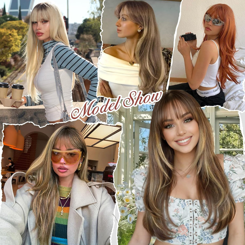 XIXIBI Wig with Bangs for Women,Long Straight,Brown Blonde Highlight