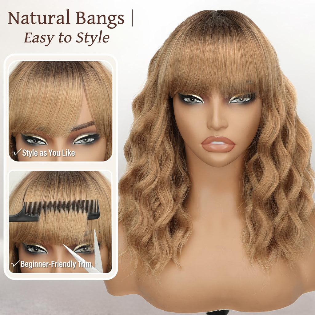 Nnzes Wig with Bangs for Women Shoulder Length Bob Wavy Women's Charming Synthetic Brown mixed Blonde Highlight Wigs with Natural Curly Heat Resistant Hair for Daily Party Use