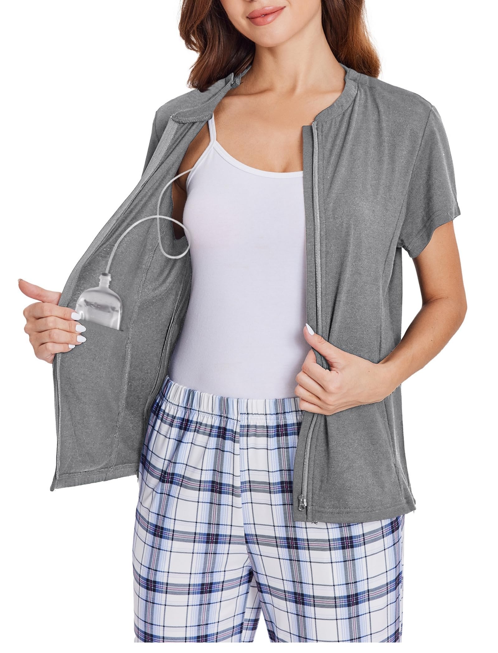 Deyeek Mastectomy Shirts with Drain Pockets Post Shoulder Surgery Tops for Women Chemo Port Short Sleeve with Zippers