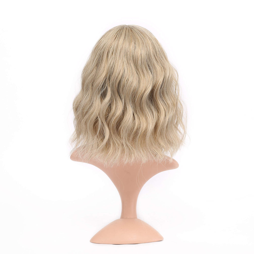FAELBATY Blonde Wave Short Bob Wigs With Air Bangs Shoulder Length Wig For Women and Girls Curly Wavy Synthetic Cosplay Costume Wig (12" Mix blonde and gold)