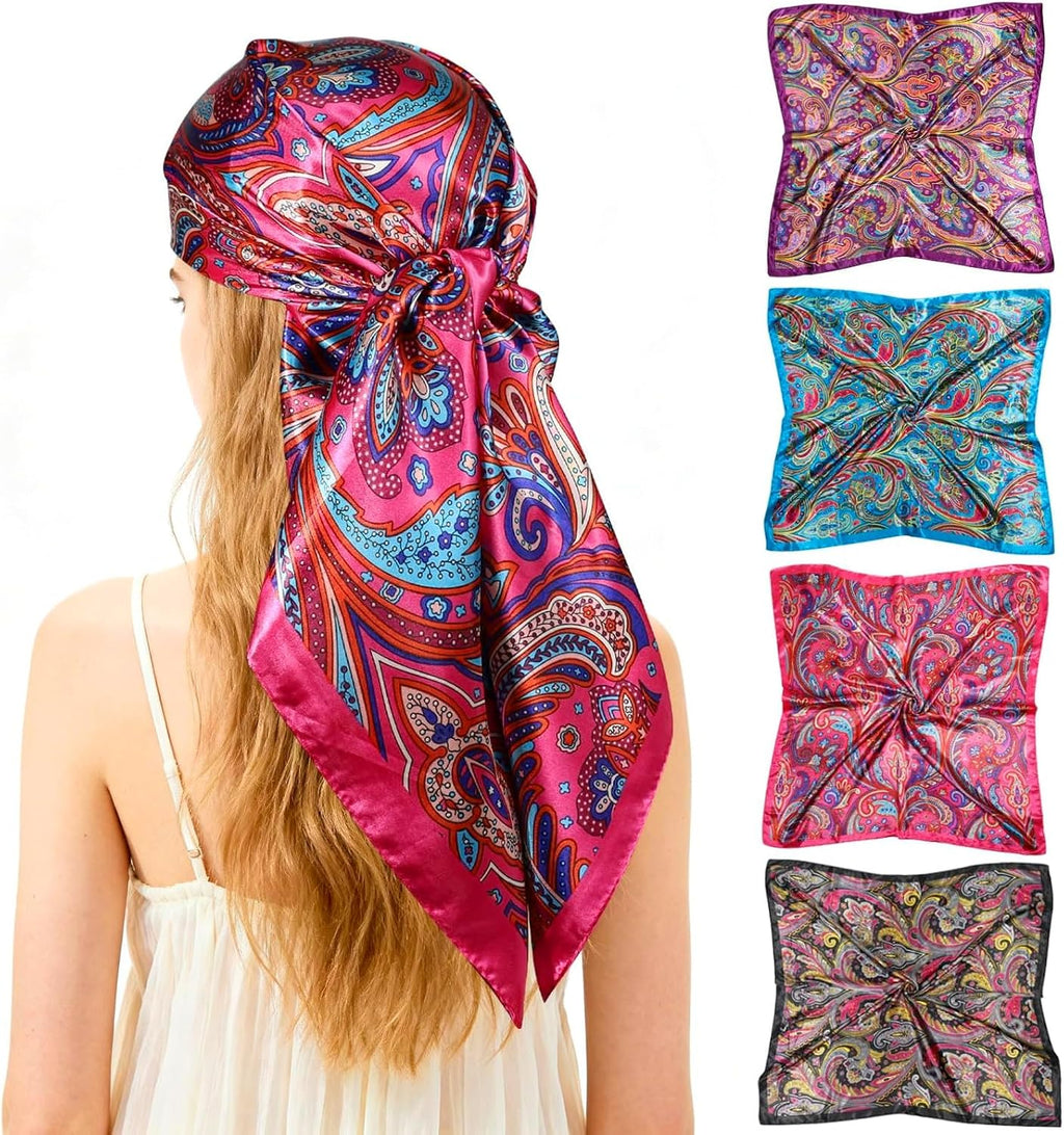 Ciormis 35" Silk Head Scarf for Women, 4 Pcs Satin Hair Scarf Square Silk Bandana Top Neck Scarves Hair Wraps for Sleeping