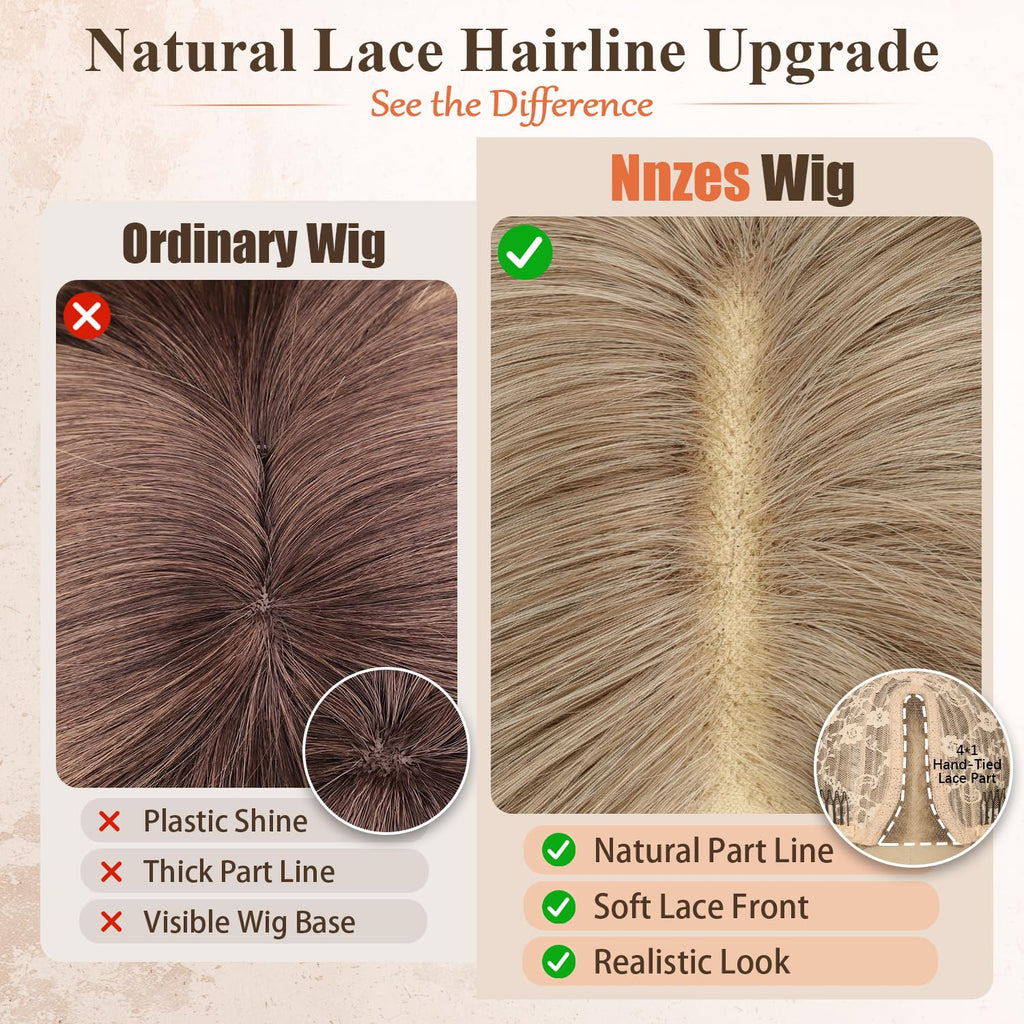 Nnzes Long Brown Mixed Blonde Wavy Wig 4x1 Lace Natural Hairline Middle Part Curly Heat-Resistant Synthetic Fiber for Women & Beginners Daily Party Use 26In
