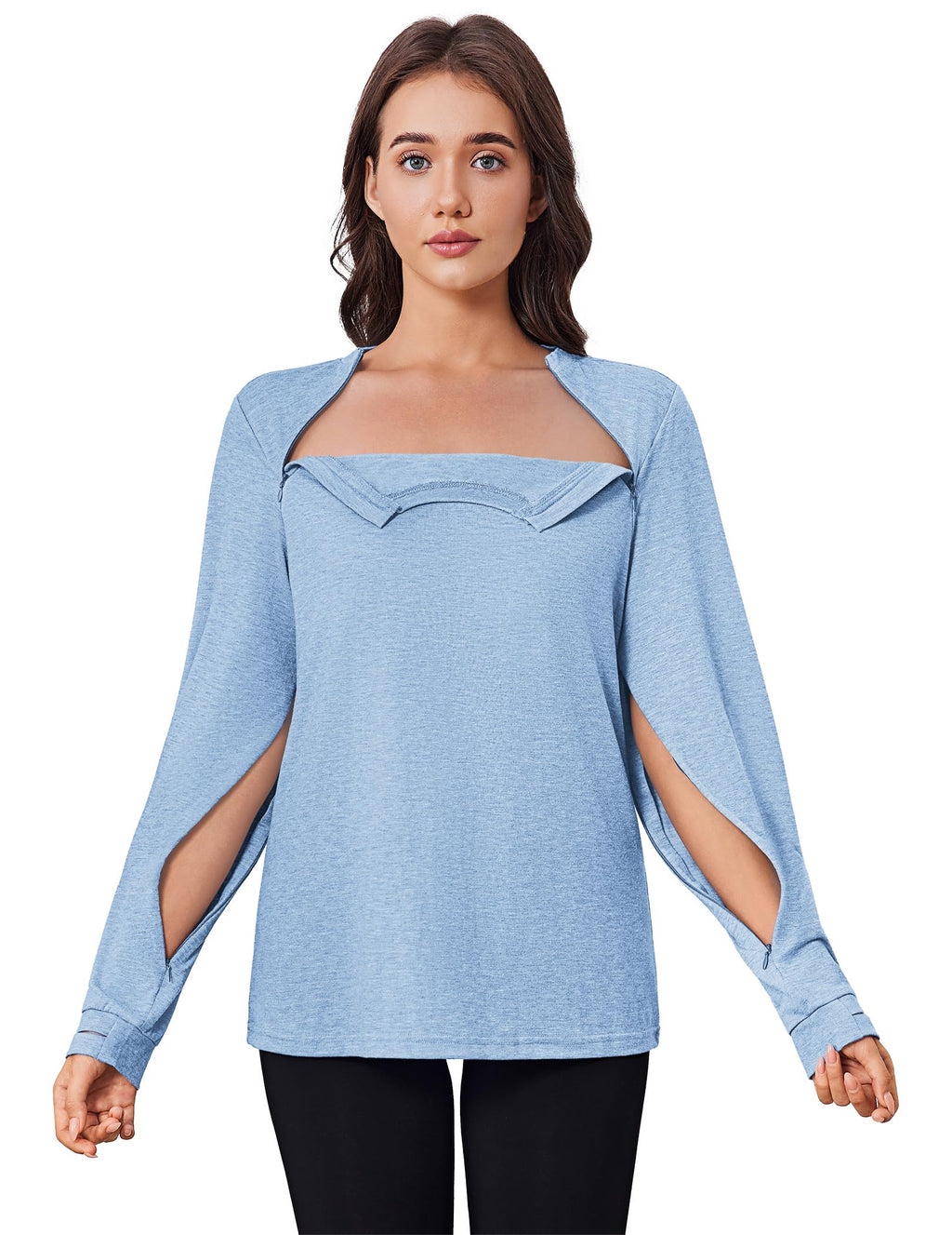 Deyeek Chemo Shirts for Port Access Women Long Sleeve Shoulder Post Surgery Shirt Dialysis Sweatshirts with Arm Zipper