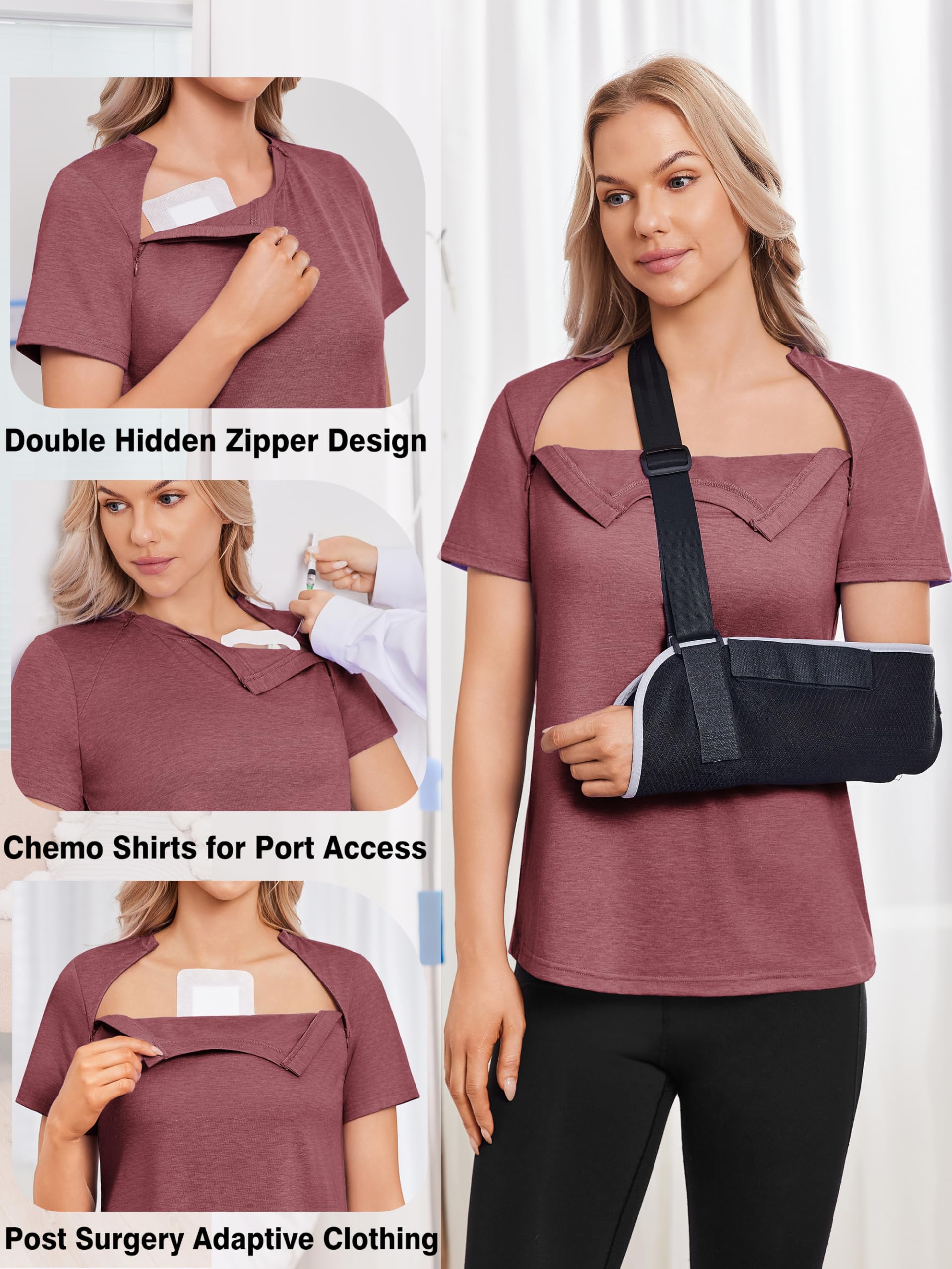 Deyeek Chemo Shirts for Port Access Women with 2 Hidden Side Zippers Post Surgery Short Sleeve Tear Away Adaptive Top Tees