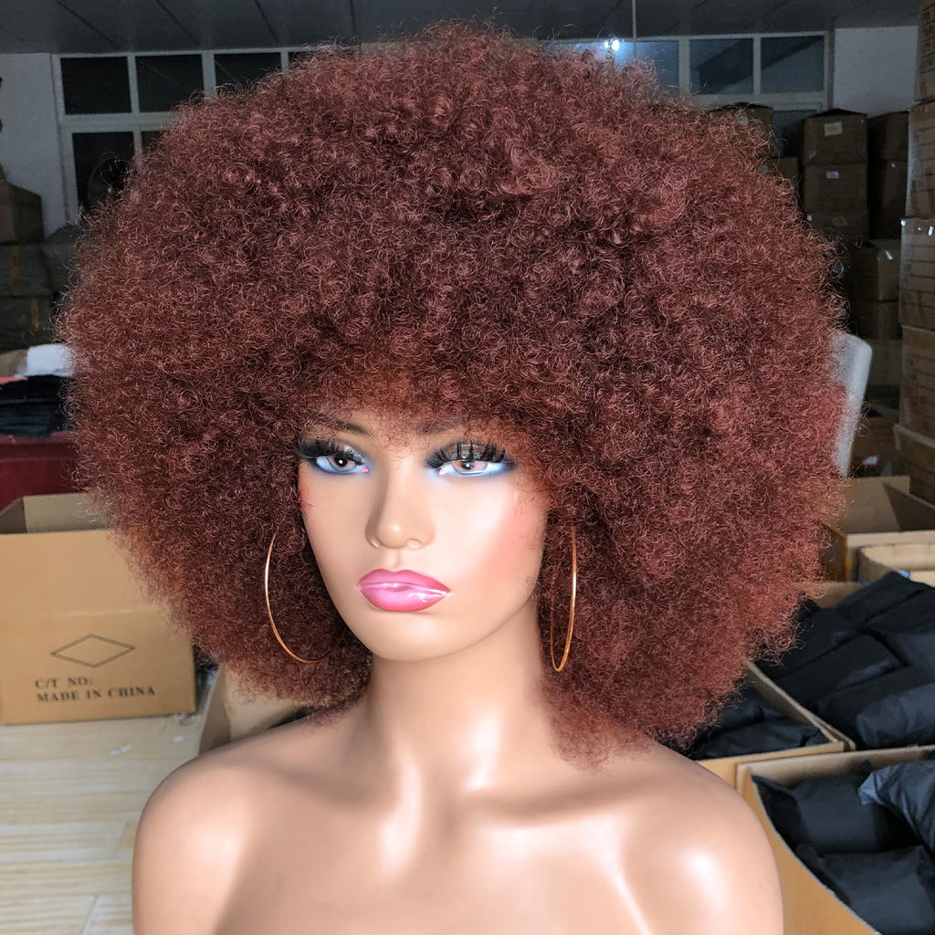 Curly Afro Wigs for Black Women Kinky Curly Wig with Bangs Synthetic Fiber Natural Looking Glueless Hair for Daily Wear