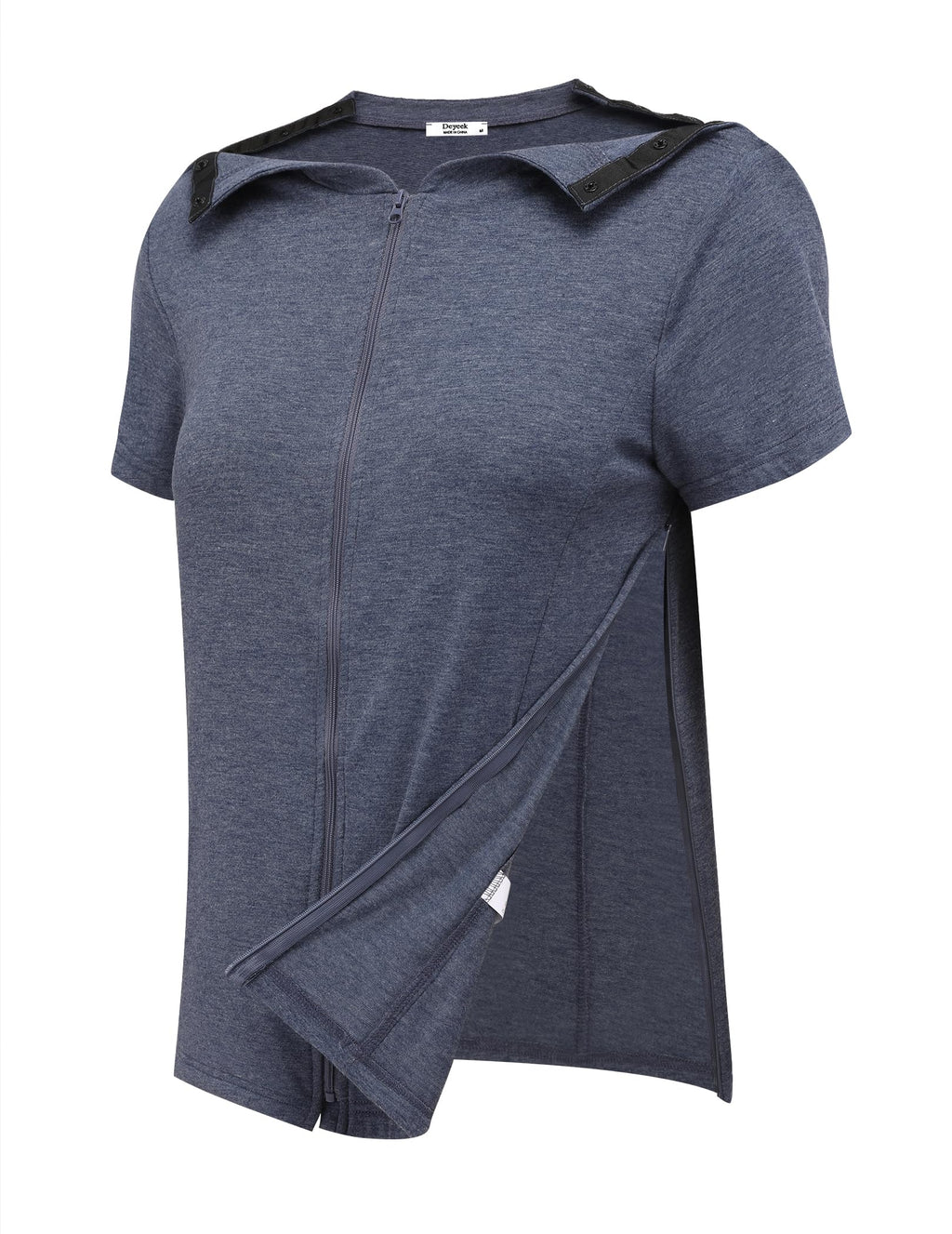 Deyeek Mastectomy Shirts with Drain Pockets Post Shoulder Surgery Tops for Women Chemo Port Short Sleeve with Zippers