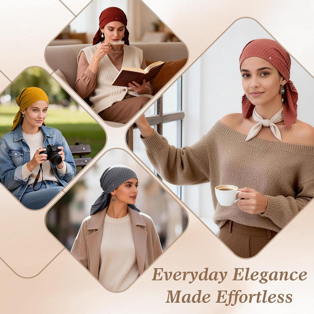 Pretied Head Scarves for Women – Fashionable Glitter Turban Head Wraps, Stylish Chemo Headwear, Elegant Hair Coverings