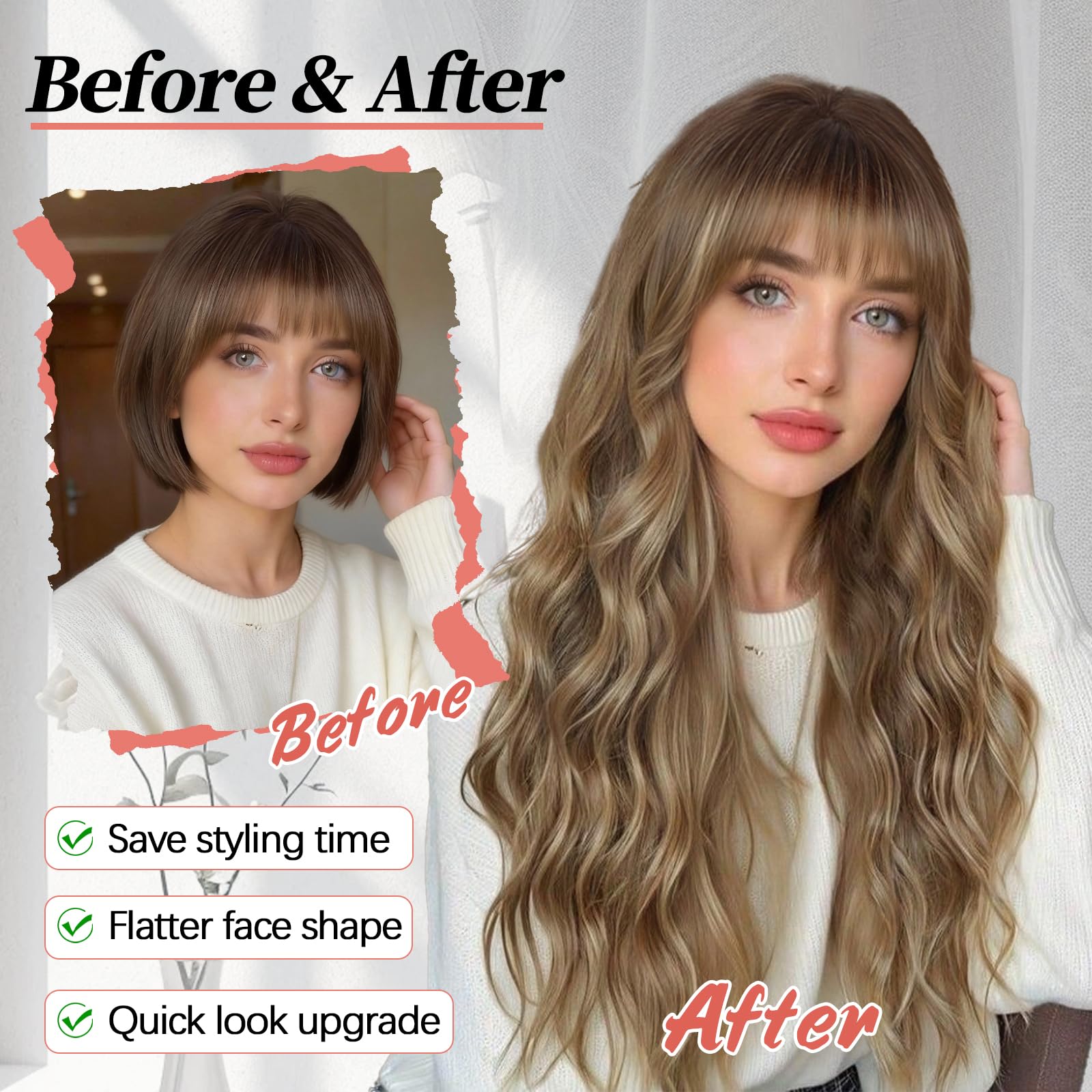 Lativ Ombre Blonde Brown Wig with Bangs Long Wavy Curly Wig with Brown End