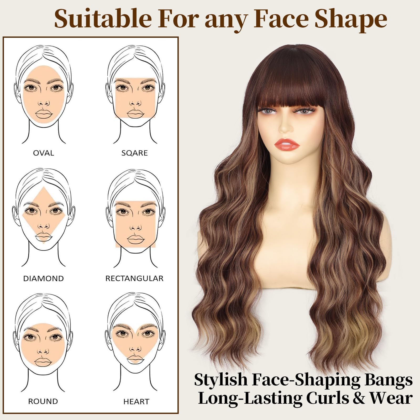 Lativ Ombre Blonde Brown Wig with Bangs Long Wavy Curly Wig with Brown End
