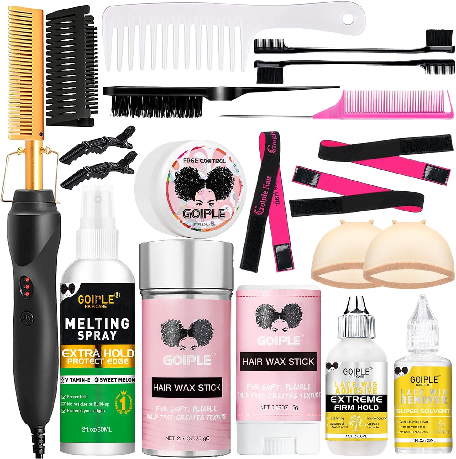 Electric Hot Comb Hair Straightener, Deluxe Electrical Straightening Comb Curling Iron for Natural Black Wigs, Hot Comb Electric for Wigs Pressing Combs with Wig Glue Melting Spray Hair Wax Stick