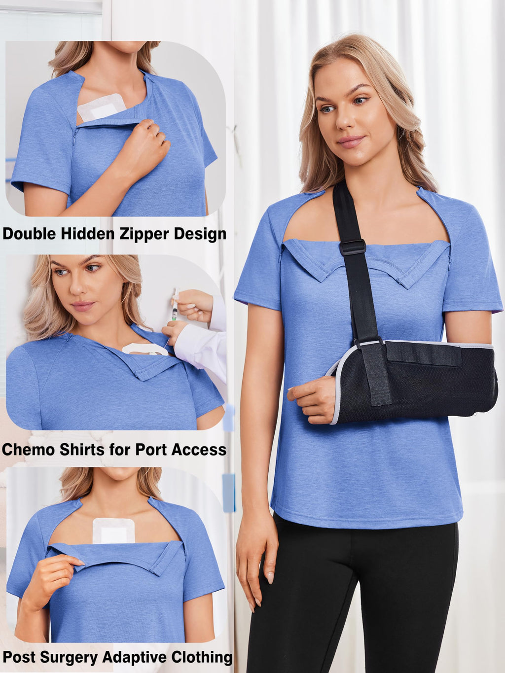 Deyeek Chemo Shirts for Port Access Women with 2 Hidden Side Zippers Post Surgery Short Sleeve Tear Away Adaptive Top Tees