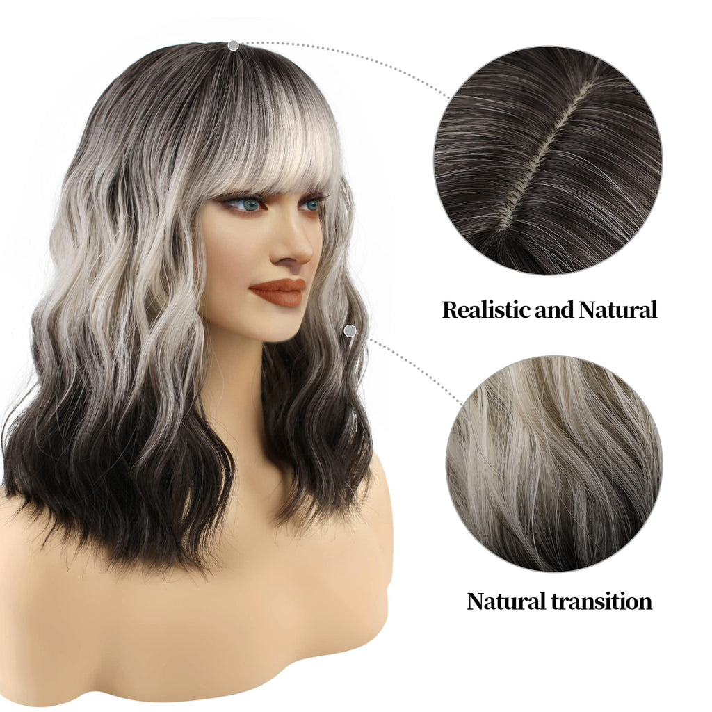 FAELBATY Blonde Wave Short Bob Wigs With Air Bangs Shoulder Length Wig For Women and Girls Curly Wavy Synthetic Cosplay Costume Wig (12" Mix blonde and gold)