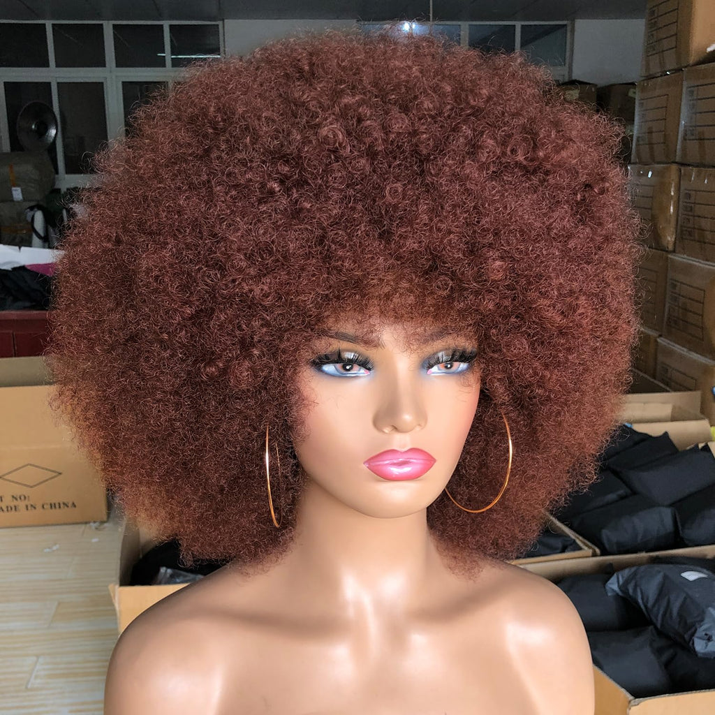 Curly Afro Wigs for Black Women Kinky Curly Wig with Bangs Synthetic Fiber Natural Looking Glueless Hair for Daily Wear
