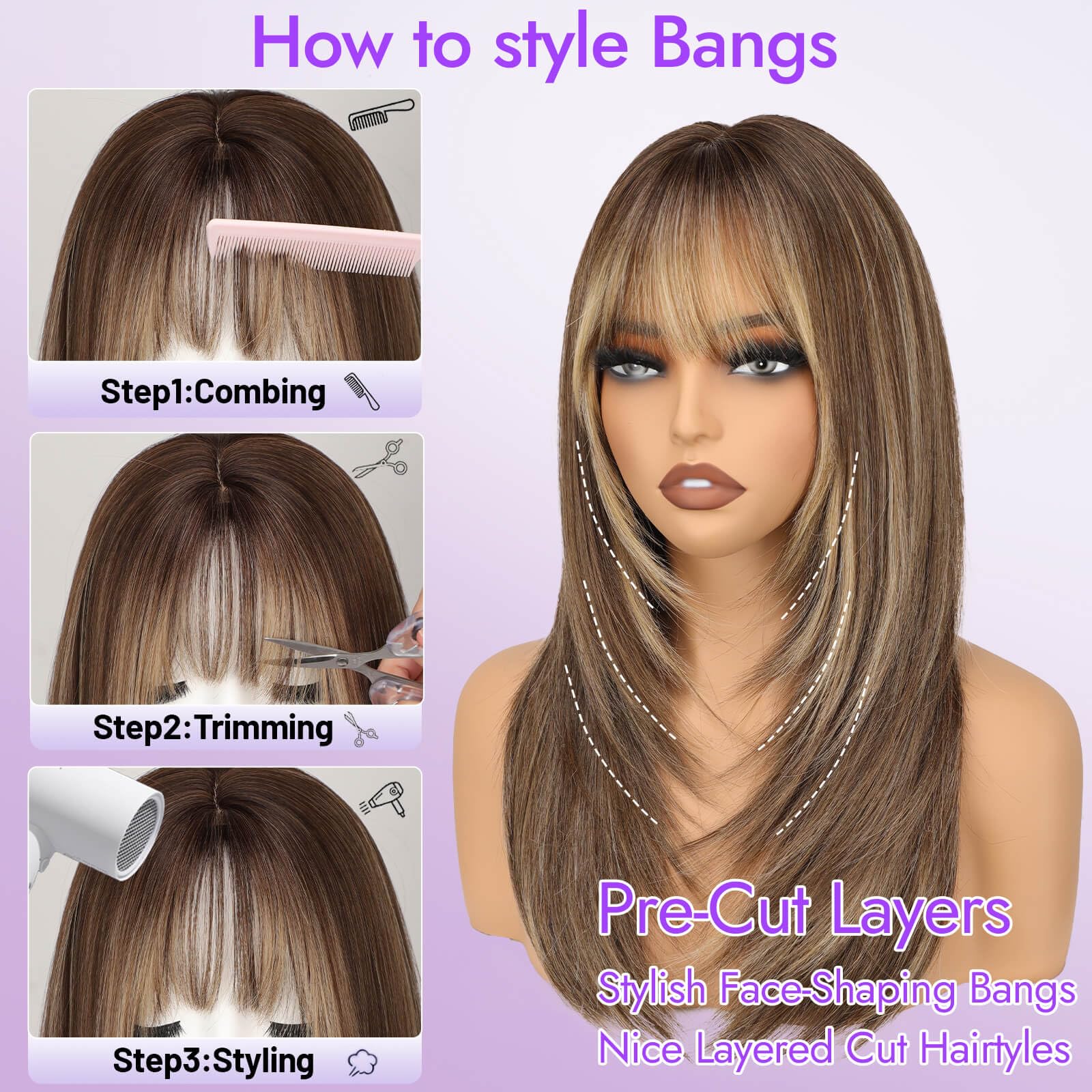 Eawwii Wig with Bangs for Women,Brown Blonde Synthetic 4x4 Scalp Wigs