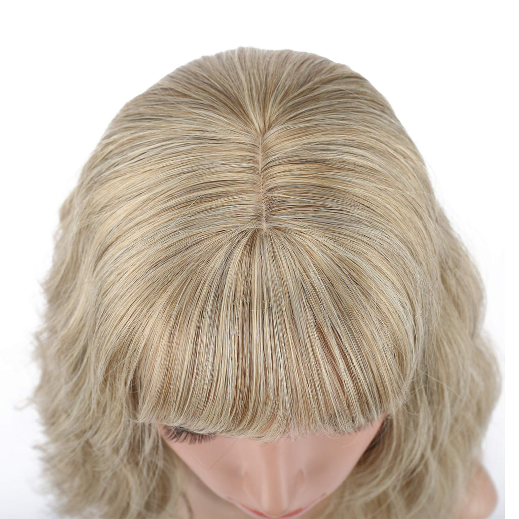 FAELBATY Blonde Wave Short Bob Wigs With Air Bangs Shoulder Length Wig For Women and Girls Curly Wavy Synthetic Cosplay Costume Wig (12" Mix blonde and gold)