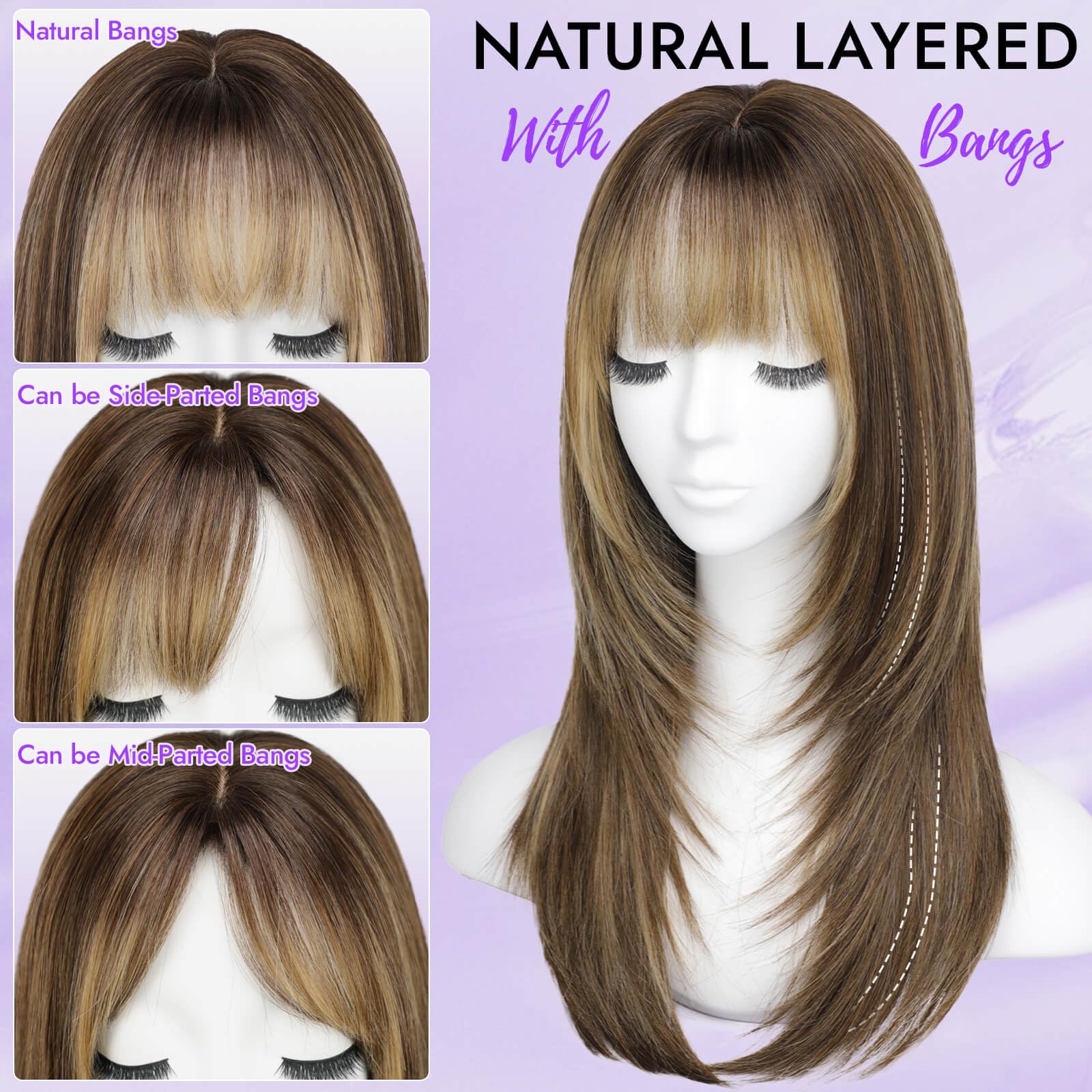 Eawwii Wig with Bangs for Women,Brown Blonde Synthetic 4x4 Scalp Wigs