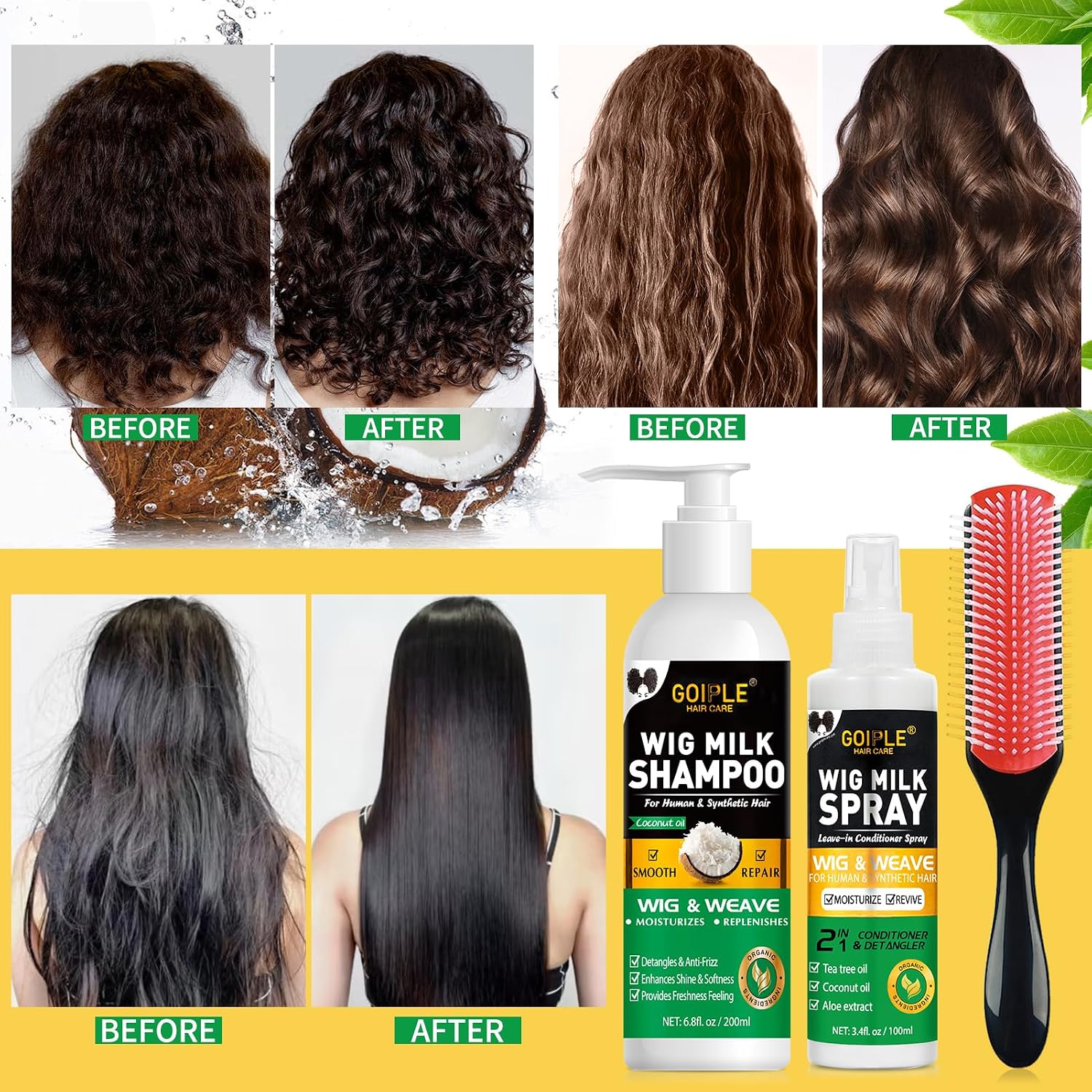 Goiple Wig Shampoo & Wig Milk Spray for Synthetic Hair Human Wigs, Detangle and Anti-Frizz, Hydrates & Moisturizes Synthetic Wig Shampoo, Conditioner＆Detangler 2 in 1 Moisturize Spray Detangler Brush