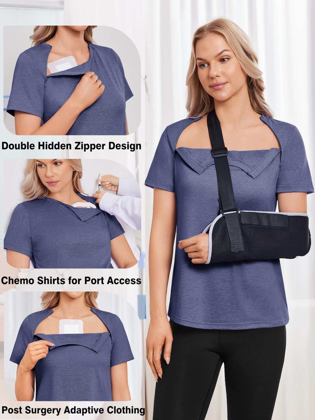 Deyeek Chemo Shirts for Port Access Women with 2 Hidden Side Zippers Post Surgery Short Sleeve Tear Away Adaptive Top Tees