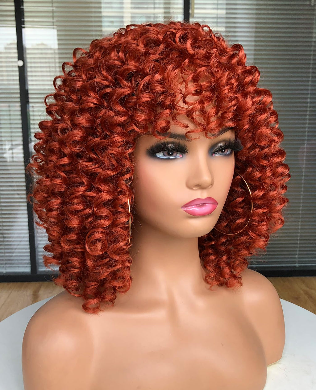 Curly Afro Wigs for Black Women Kinky Curly Wig with Bangs Synthetic Fiber Natural Looking Glueless Hair for Daily Wear