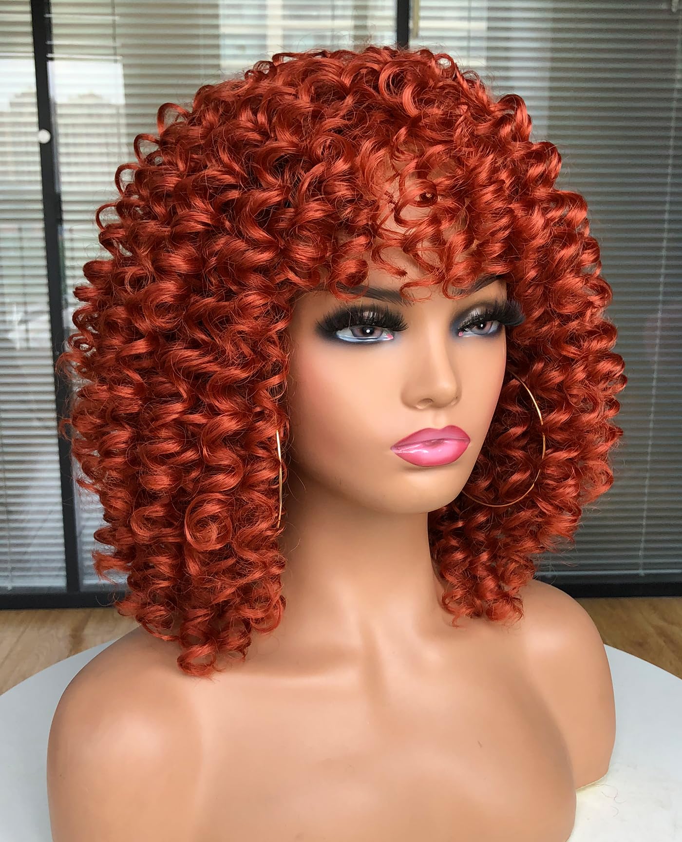 Curly Afro Wigs for Black Women Kinky Curly Wig with Bangs Synthetic Fiber Natural Looking Glueless Hair for Daily Wear