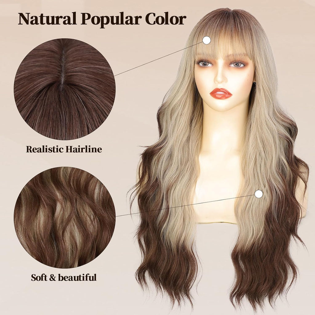 Lativ Ombre Blonde Brown Wig with Bangs Long Wavy Curly Wig with Brown End