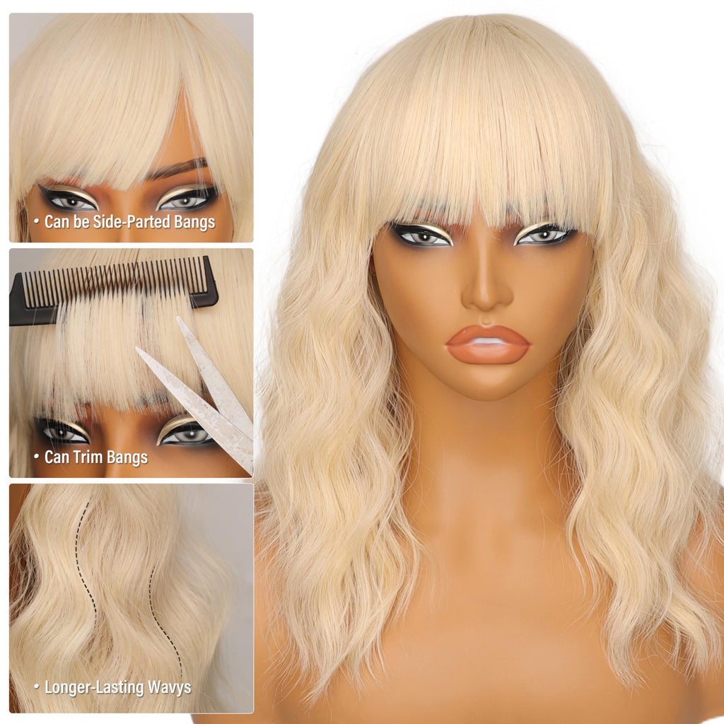 Nnzes Wig with Bangs for Women Shoulder Length Bob Wavy Women's Charming Synthetic Brown mixed Blonde Highlight Wigs with Natural Curly Heat Resistant Hair for Daily Party Use