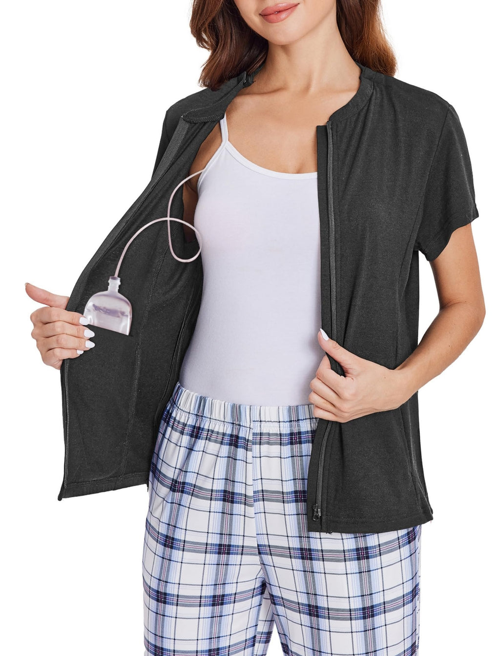 Deyeek Mastectomy Shirts with Drain Pockets Post Shoulder Surgery Tops for Women Chemo Port Short Sleeve with Zippers
