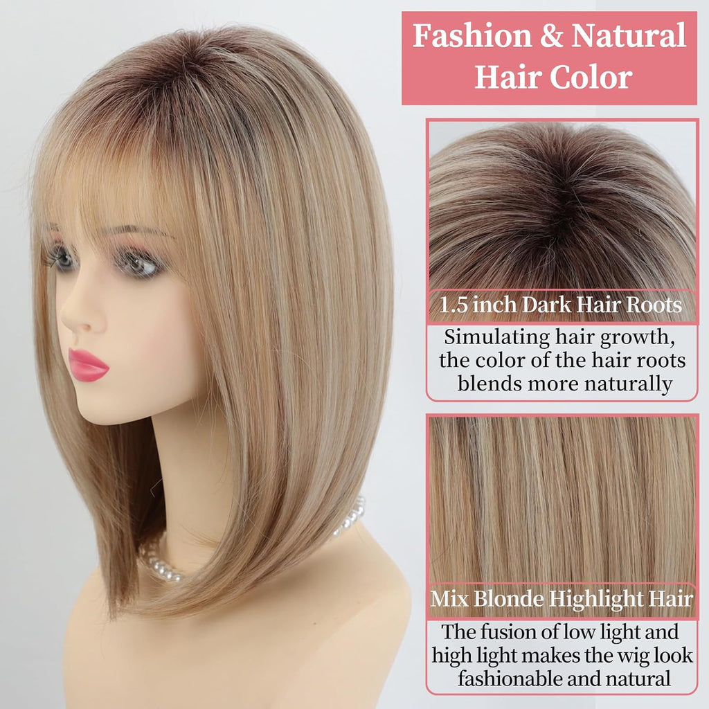 RENERSHOW Ombre Blonde Highlight Layered Bob Wig with Bangs for White Women
