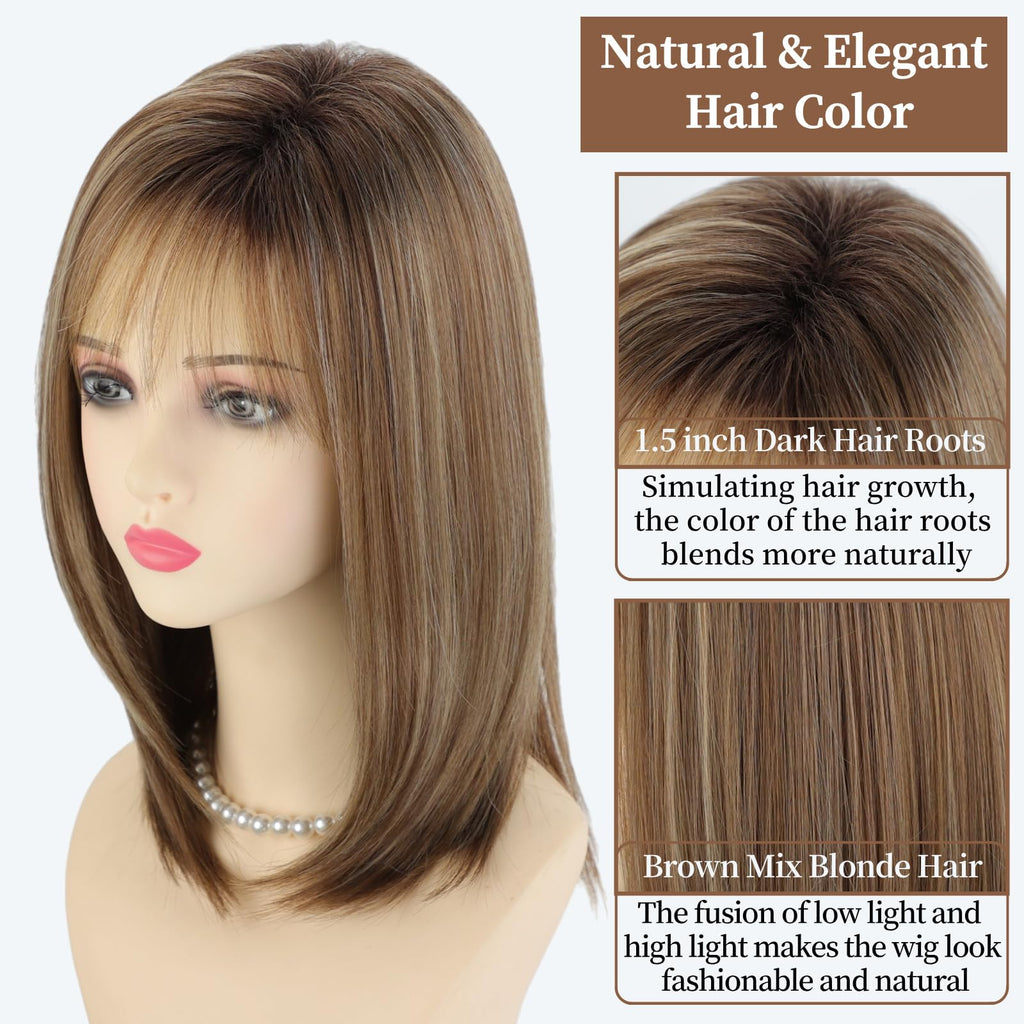 RENERSHOW Ombre Blonde Highlight Layered Bob Wig with Bangs for White Women