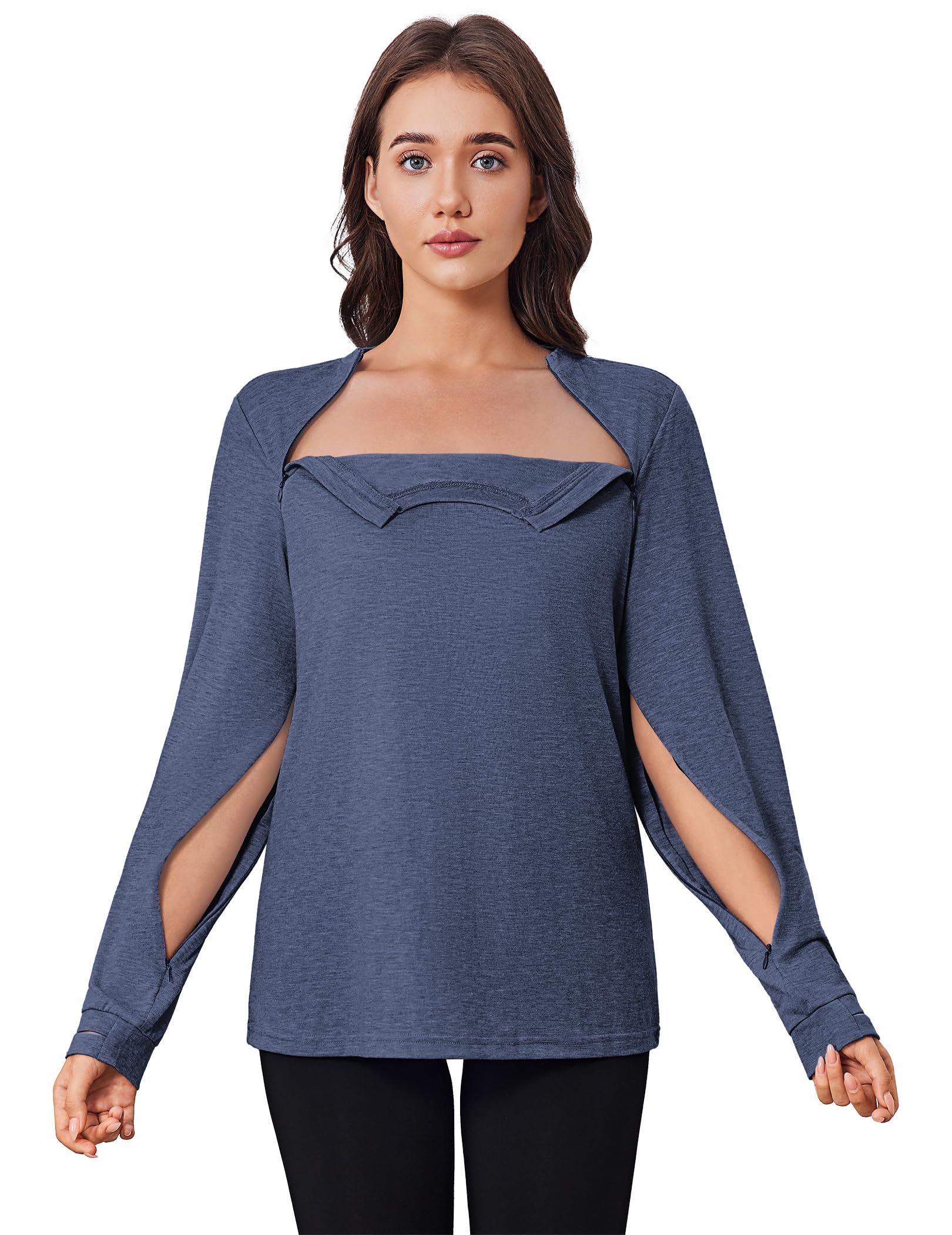 Deyeek Chemo Shirts for Port Access Women Long Sleeve Shoulder Post Surgery Shirt Dialysis Sweatshirts with Arm Zipper