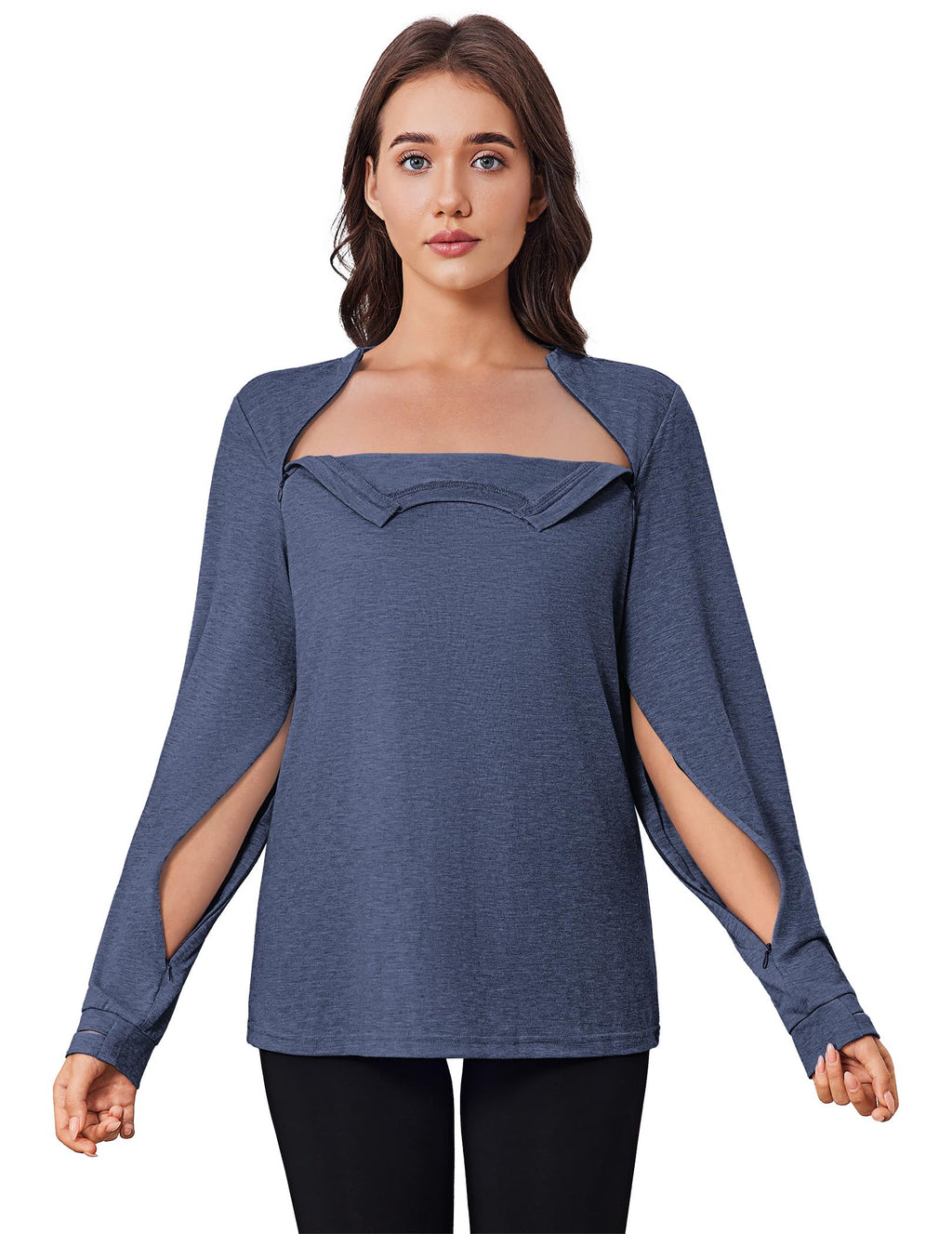 Deyeek Chemo Shirts for Port Access Women Long Sleeve Shoulder Post Surgery Shirt Dialysis Sweatshirts with Arm Zipper