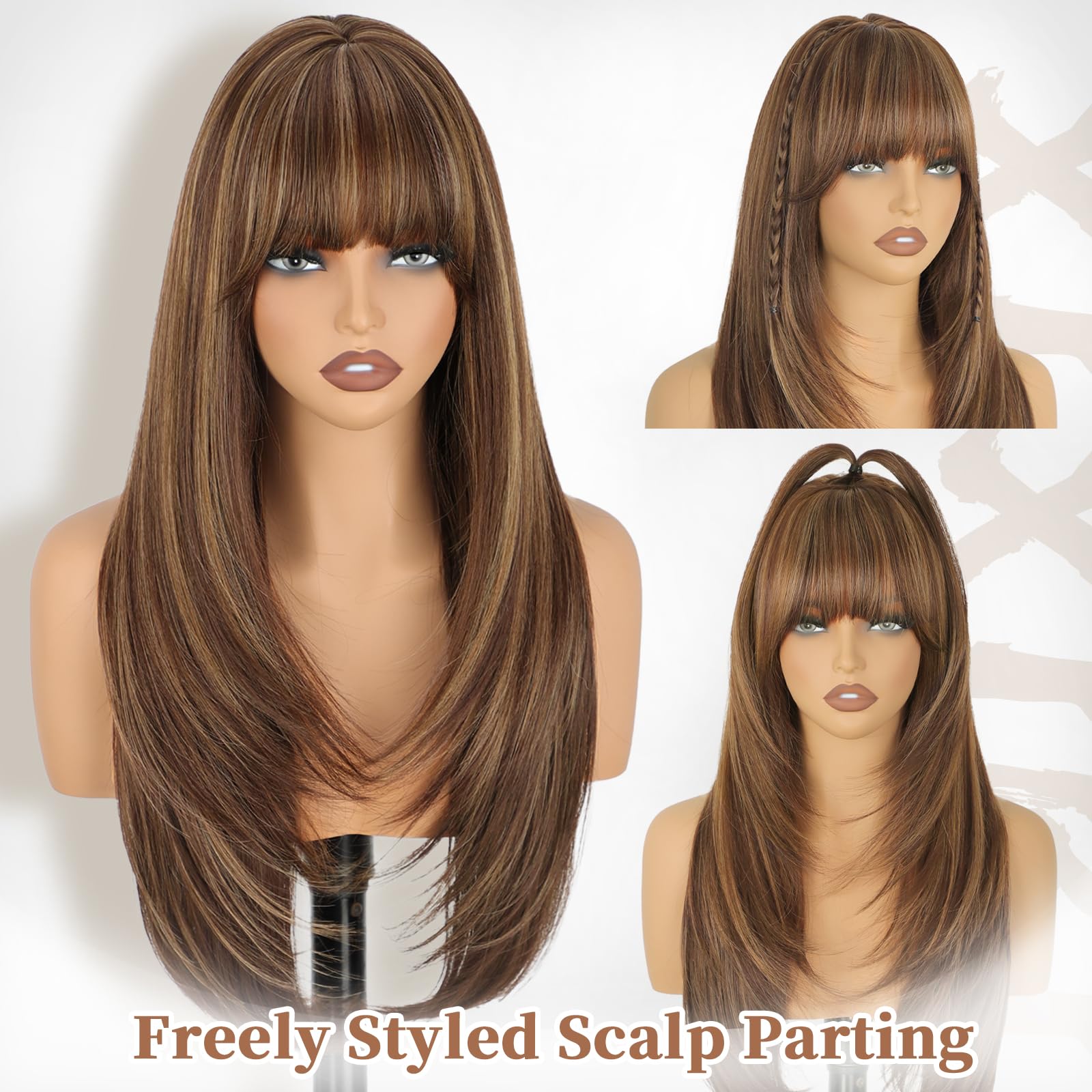 XIXIBI Wig with Bangs for Women,Long Straight,Brown Blonde Highlight