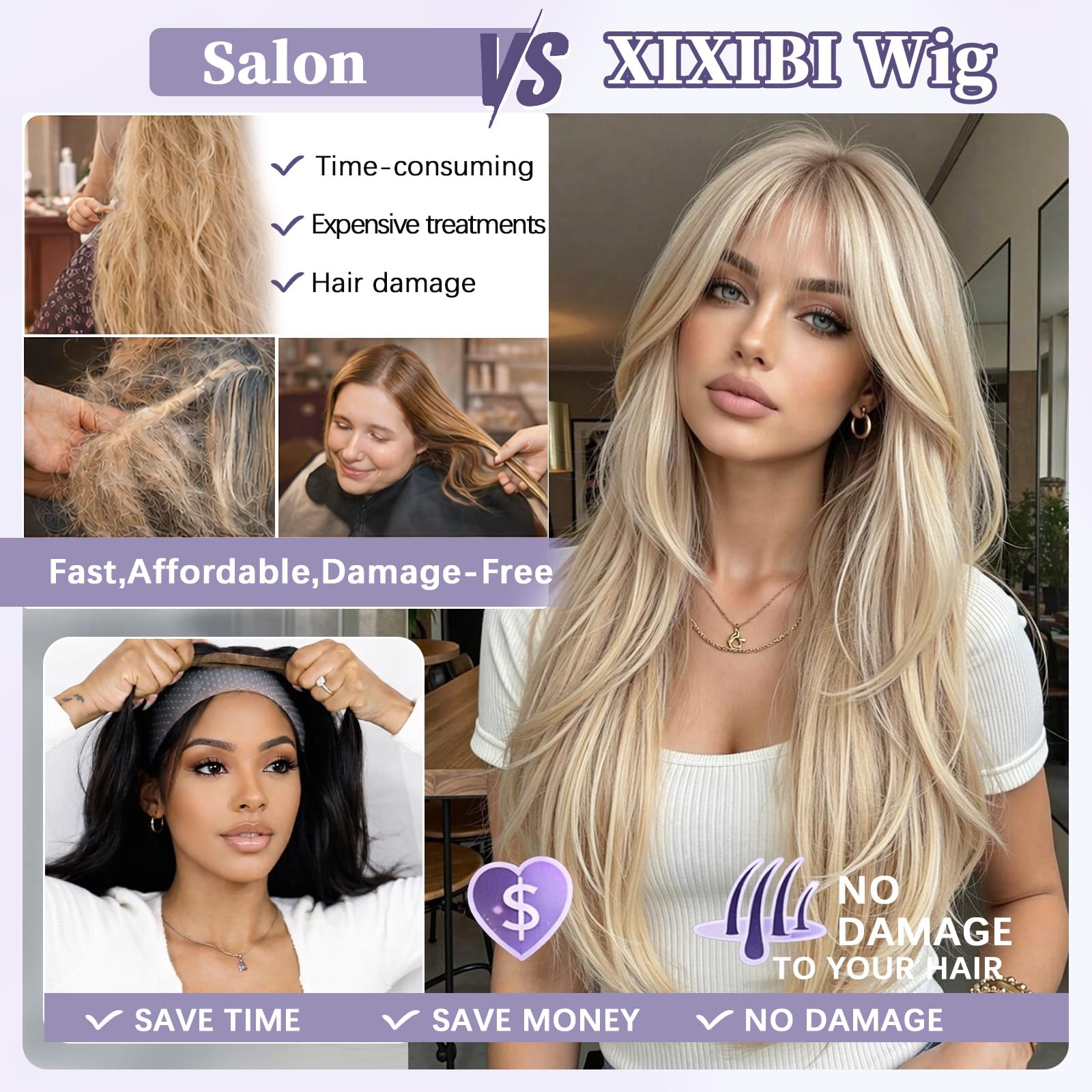 XIXIBI Wig with Bangs for Women,Long Straight,Brown Blonde Highlight