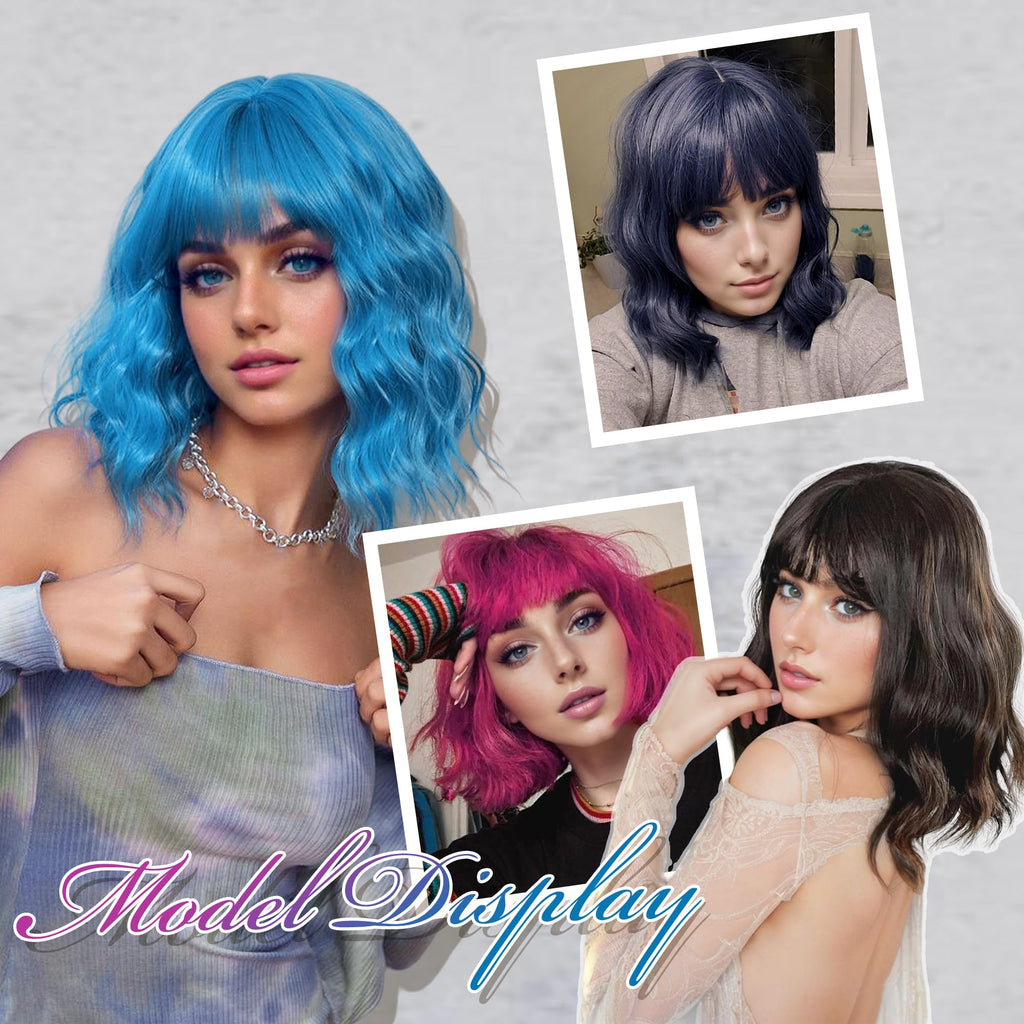 FAELBATY Blonde Wave Short Bob Wigs With Air Bangs Shoulder Length Wig For Women and Girls Curly Wavy Synthetic Cosplay Costume Wig (12" Mix blonde and gold)