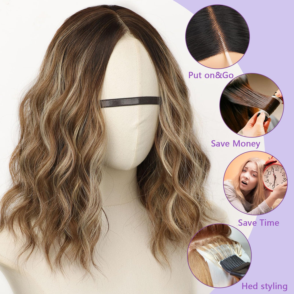 AISI HAIR 14Inch Dark to Light Blonde Wig for Women,Wave Synthetic Lace Wig