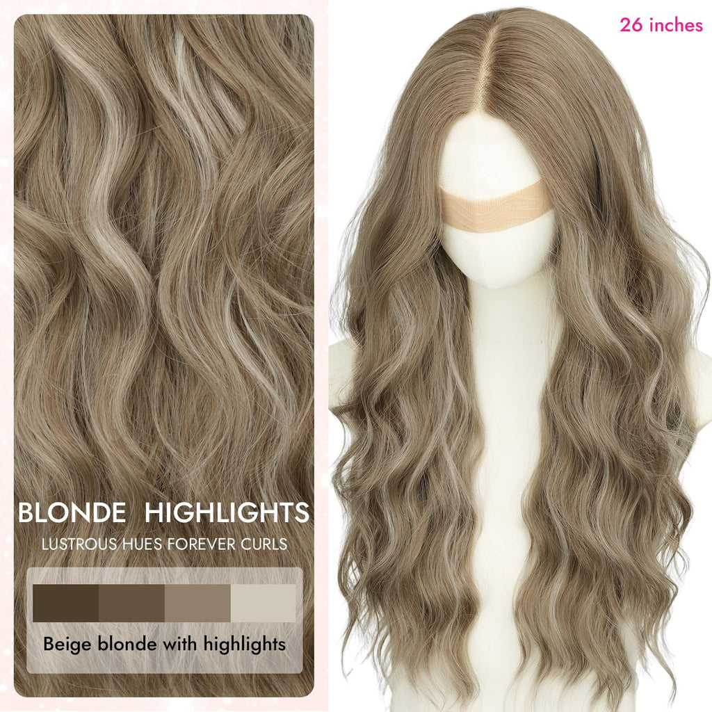 Nnzes Long Brown Mixed Blonde Wavy Wig 4x1 Lace Natural Hairline Middle Part Curly Heat-Resistant Synthetic Fiber for Women & Beginners Daily Party Use 26In